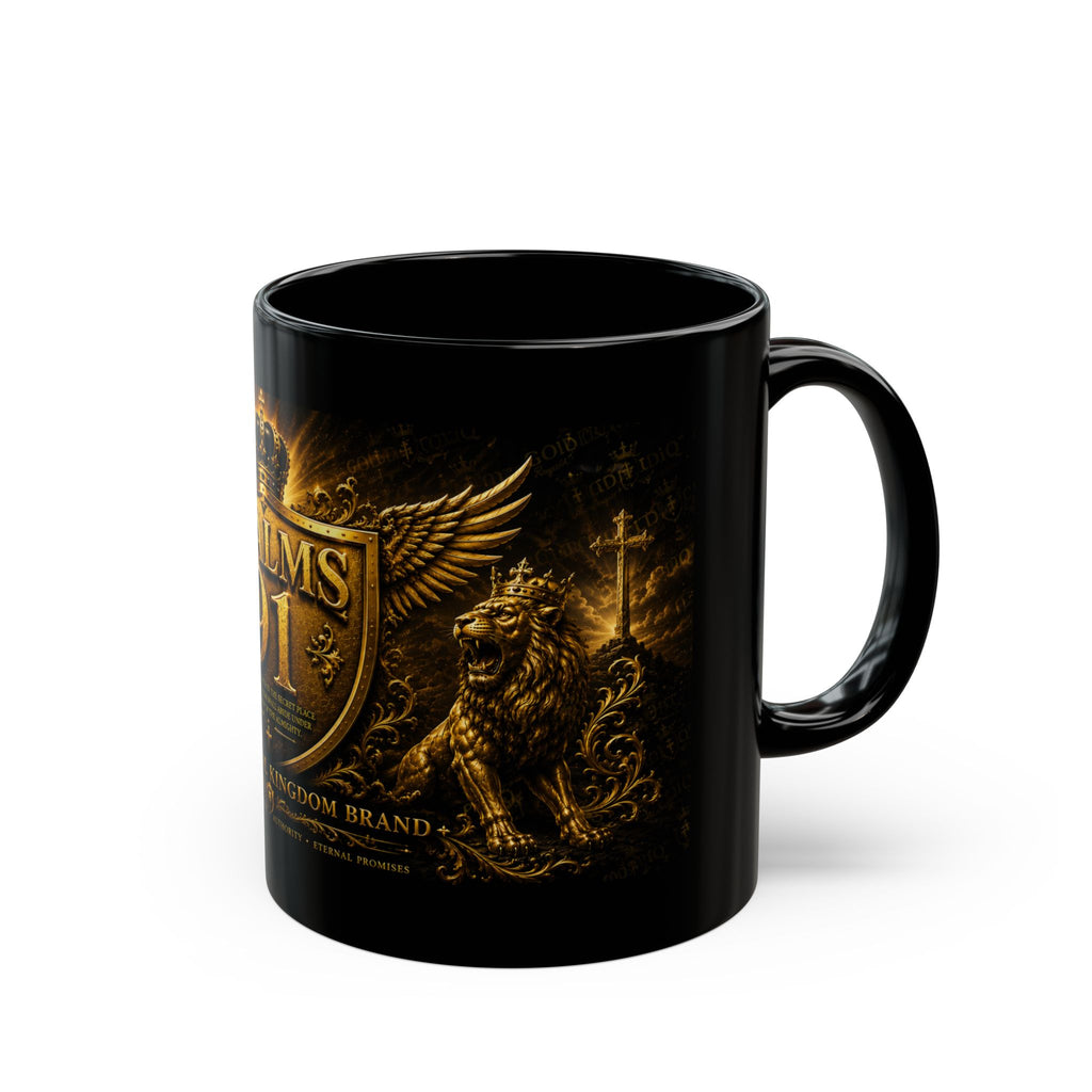 Psalms 91 Black Ceramic Mug – Religious Shield & Lion Design, Christian Coffee Cup (11oz/15oz)