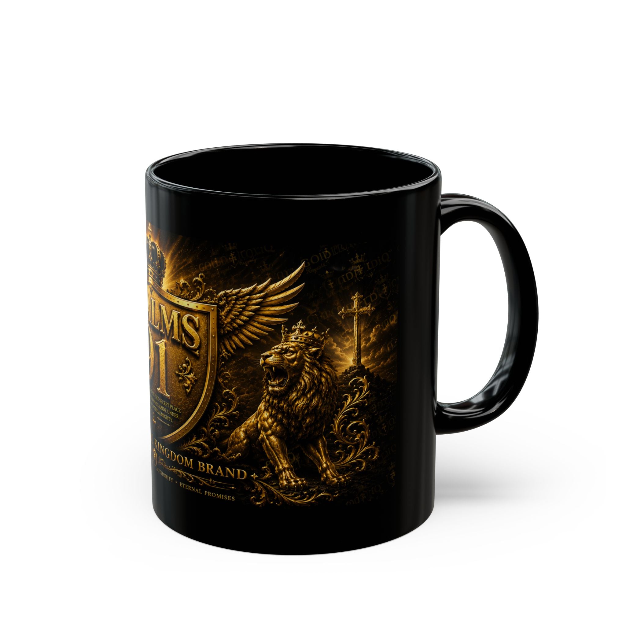 Psalms 91 Black Ceramic Mug – Religious Shield & Lion Design, Christian Coffee Cup (11oz/15oz)