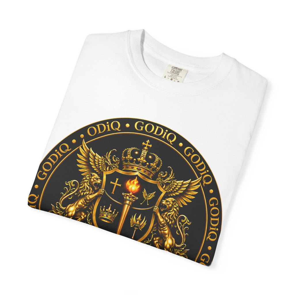 GODiQ Royal Kingdom™ Royal Crest T-Shirt – Luxury Christian Coat of Arms Graphic Tee | Premium Garment-Dyed Faith Apparel | Regal Kingdom Streetwear