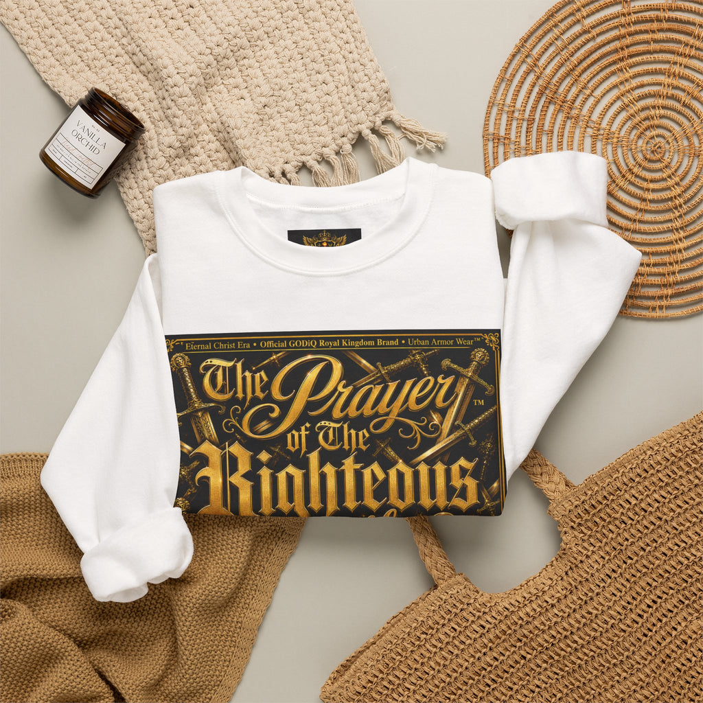 Prayer of the Righteous™ Crewneck Sweatshirt — James 5 Faith Graphic | Luxury Christian Streetwear | GODiQ Royal Kingdom™ Urban Armor Wear™