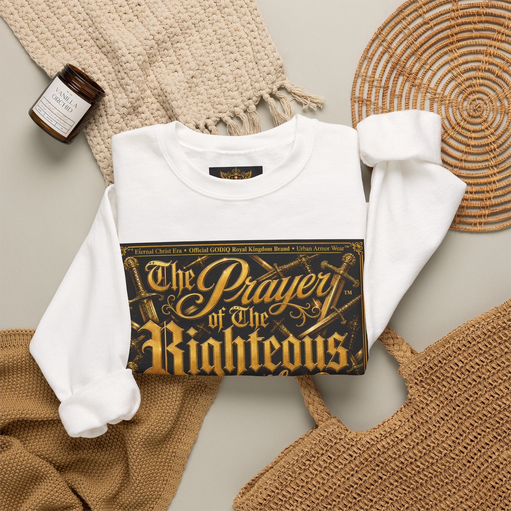 Prayer of the Righteous™ Crewneck Sweatshirt — James 5 Faith Graphic | Luxury Christian Streetwear | GODiQ Royal Kingdom™ Urban Armor Wear™
