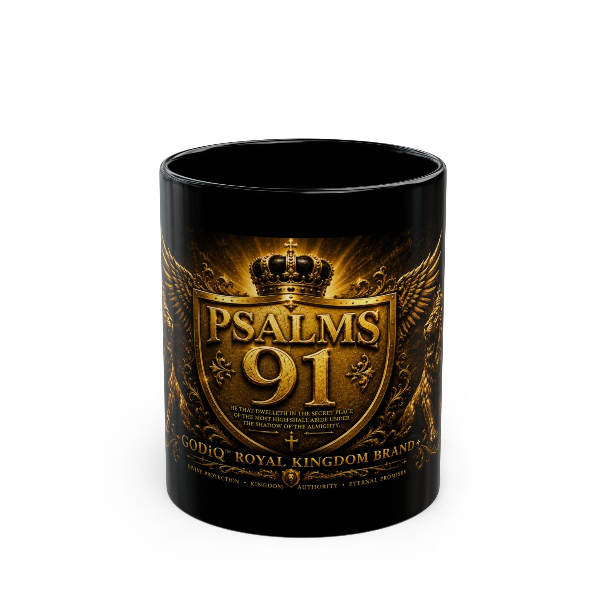 Psalms 91 Black Ceramic Mug – Religious Shield & Lion Design, Christian Coffee Cup (11oz/15oz)