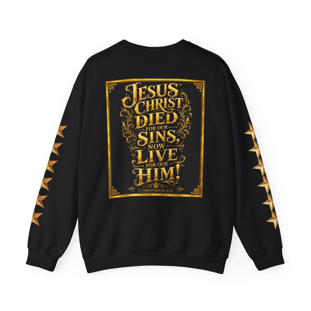 GODiQ Royal Kingdom™ Jesus Christ Died For Our Sins Crewneck Sweatshirt – Luxury 24K Gold Cross Christian Sweatshirt | Premium Faith Graphic Pullover | Religious Streetwear | Urban Armor Wear™
