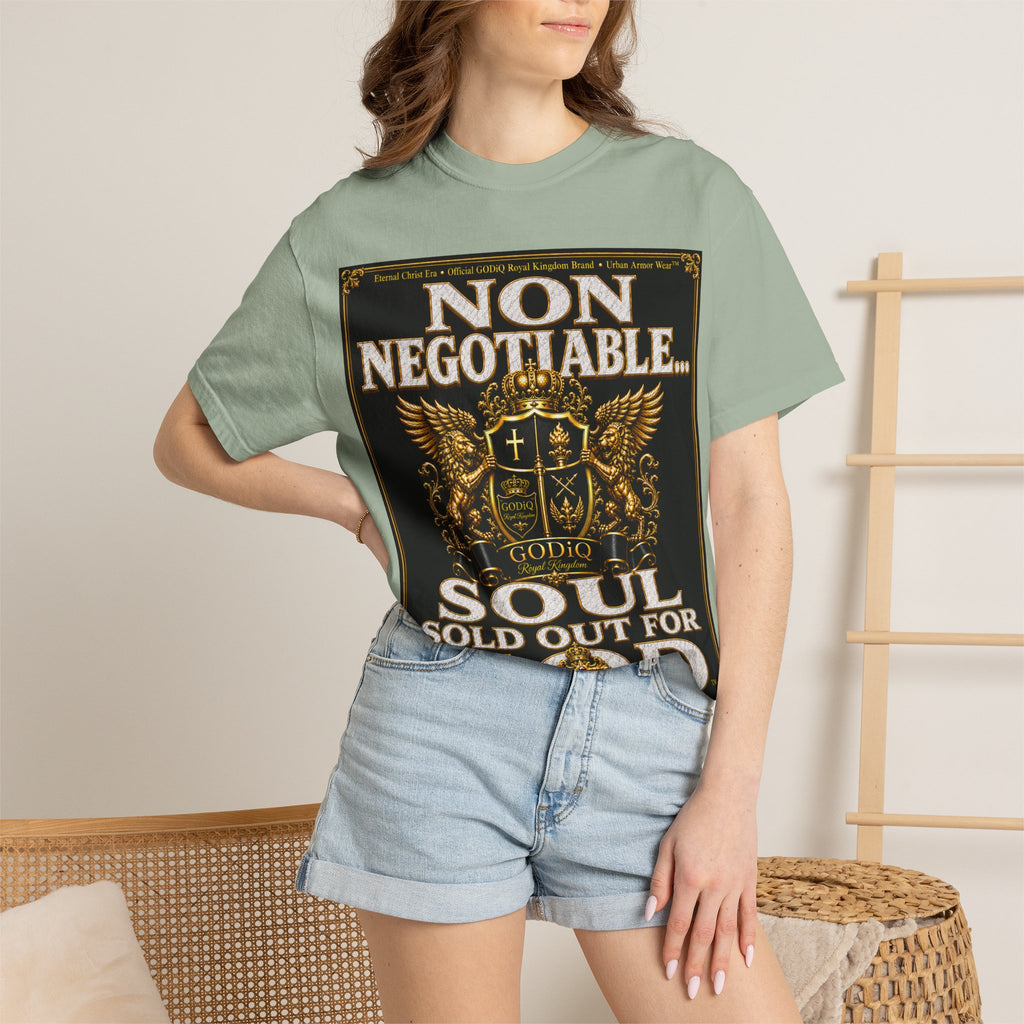GODiQ™ Royal Kingdom Urban Armor Wear™ "NON NEGOTIABLE™: SOUL SOLD OUT FOR GOD™" Luxury Christian Graphic T-Shirt | Premium Faith Apparel | 24K Gold Heraldic Kingdom Statement Tee