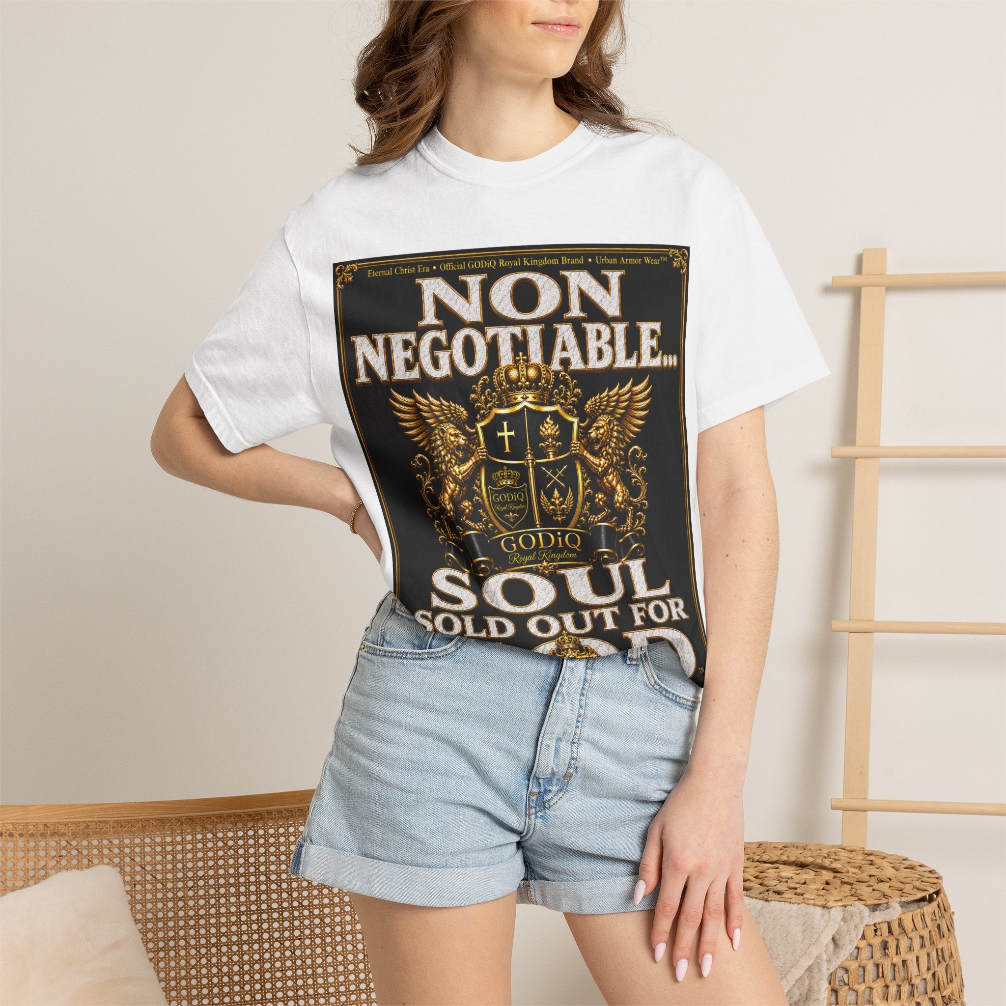 GODiQ™ Royal Kingdom Urban Armor Wear™ "NON NEGOTIABLE™: SOUL SOLD OUT FOR GOD™" Luxury Christian Graphic T-Shirt | Premium Faith Apparel | 24K Gold Heraldic Kingdom Statement Tee