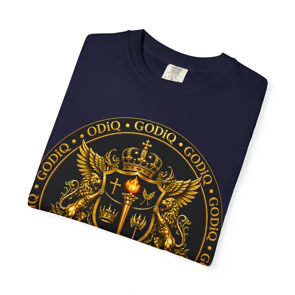 GODiQ Royal Kingdom™ Royal Crest T-Shirt – Luxury Christian Coat of Arms Graphic Tee | Premium Garment-Dyed Faith Apparel | Regal Kingdom Streetwear