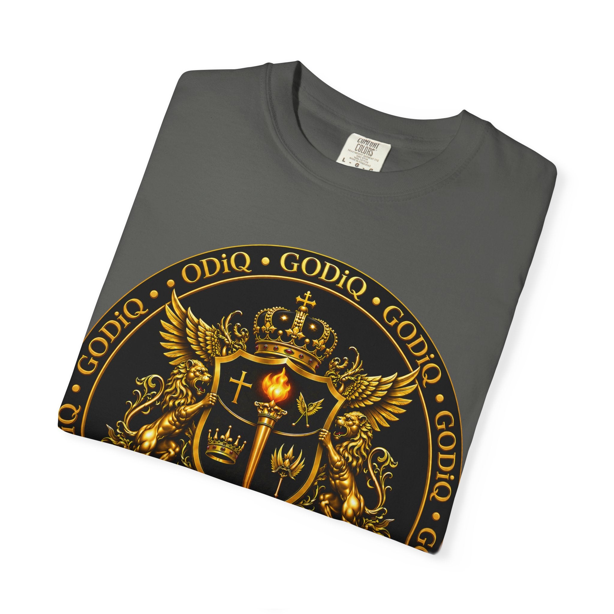GODiQ Royal Kingdom™ Royal Crest T-Shirt – Luxury Christian Coat of Arms Graphic Tee | Premium Garment-Dyed Faith Apparel | Regal Kingdom Streetwear