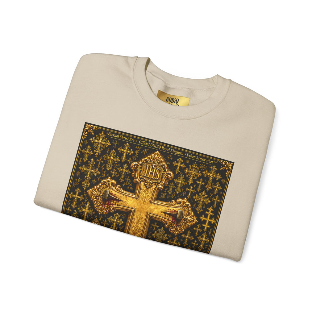 GODiQ Royal Kingdom™ Jesus Christ Died For Our Sins Crewneck Sweatshirt – Luxury 24K Gold Cross Christian Sweatshirt | Premium Faith Graphic Pullover | Religious Streetwear | Urban Armor Wear™