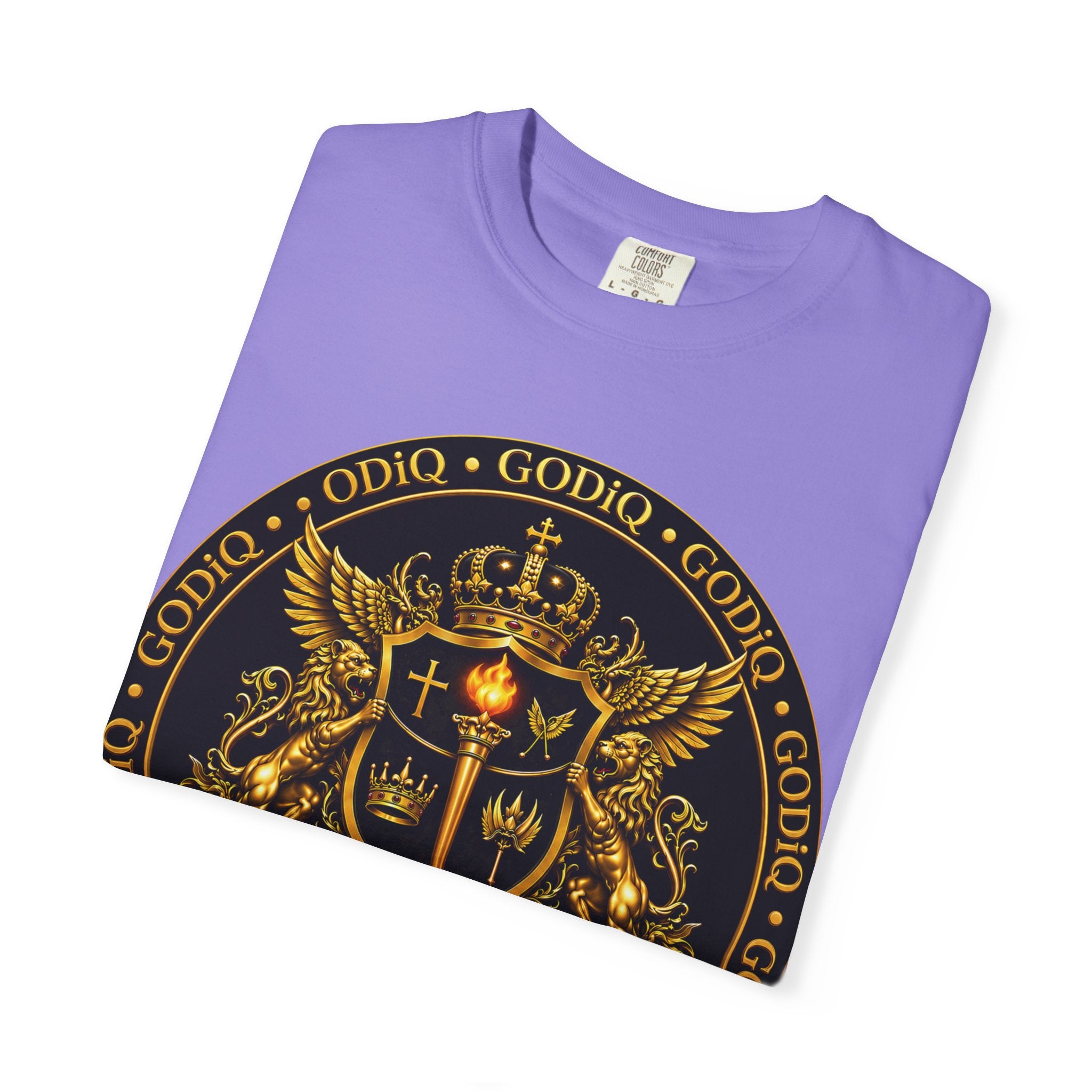 GODiQ Royal Kingdom™ Royal Crest T-Shirt – Luxury Christian Coat of Arms Graphic Tee | Premium Garment-Dyed Faith Apparel | Regal Kingdom Streetwear