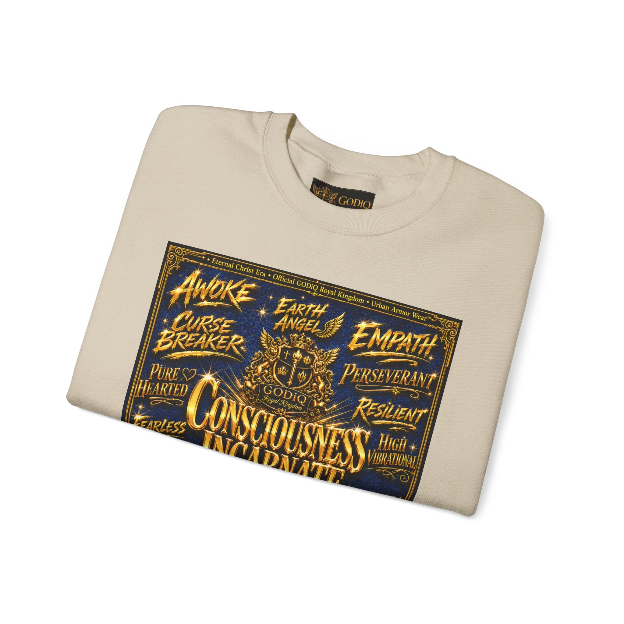 Consciousness Incarnate™ Crewneck Sweatshirt – Luxury Christian Graphic Sweatshirt | "Awake For All Eternity" Premium Kingdom Apparel | GODiQ Royal Kingdom™ Urban Armor Wear