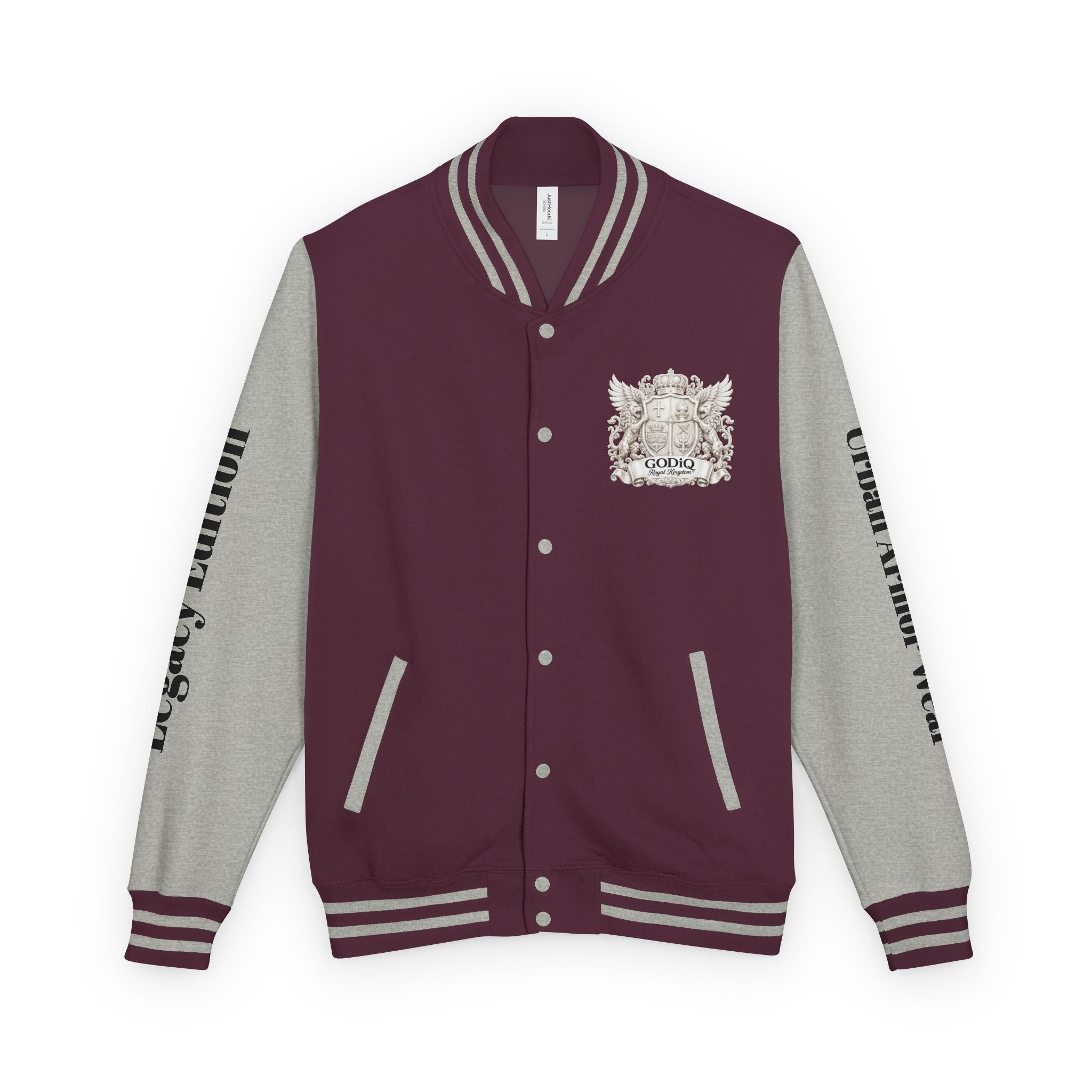 GODiQ Royal Kingdom™ Crest Letterman Jacket – Luxury Christian Varsity Jacket | Premium Heritage Streetwear | Urban Armor Wear™ Collegiate Bomber Coat