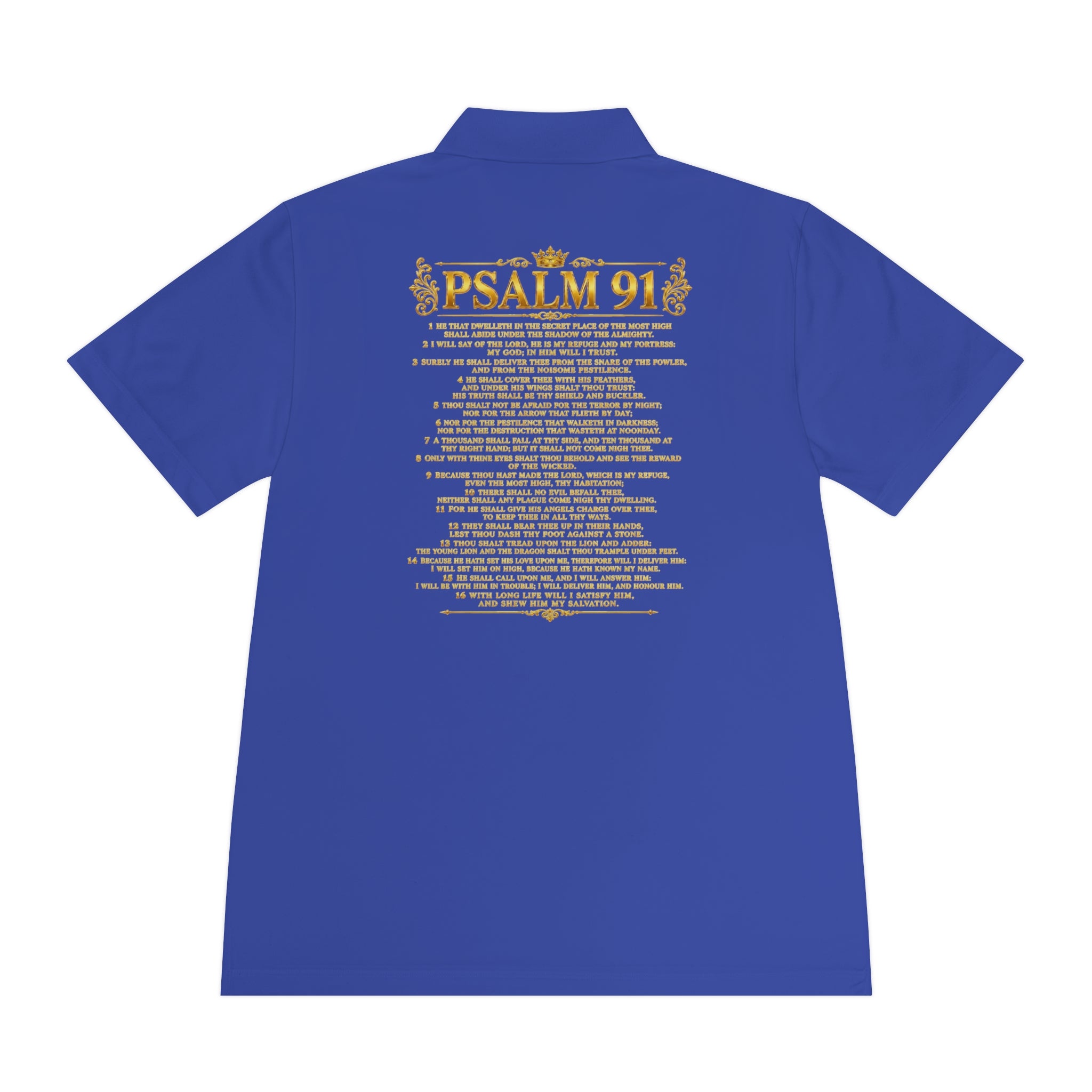 GODiQ Royal Kingdom™ Psalm 91 Men's Performance Polo – Premium Christian Golf Shirt | Luxury Gold Scripture Polo | Moisture-Wicking Faith Apparel