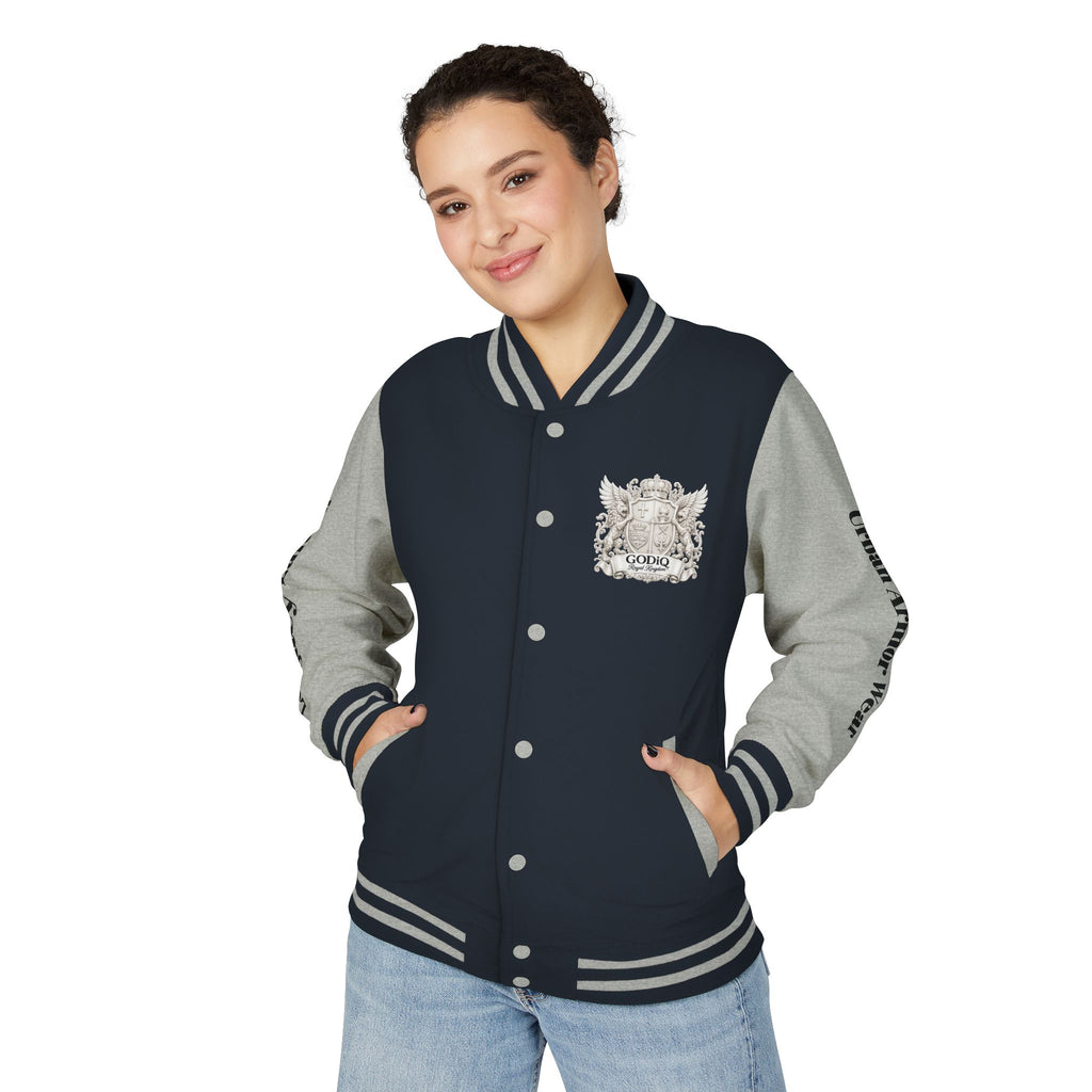 GODiQ Royal Kingdom™ Crest Letterman Jacket – Luxury Christian Varsity Jacket | Premium Heritage Streetwear | Urban Armor Wear™ Collegiate Bomber Coat