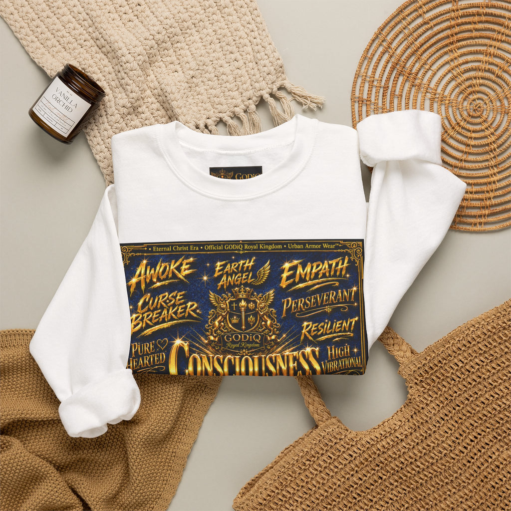 Consciousness Incarnate™ Crewneck Sweatshirt – Luxury Christian Graphic Sweatshirt | "Awake For All Eternity" Premium Kingdom Apparel | GODiQ Royal Kingdom™ Urban Armor Wear