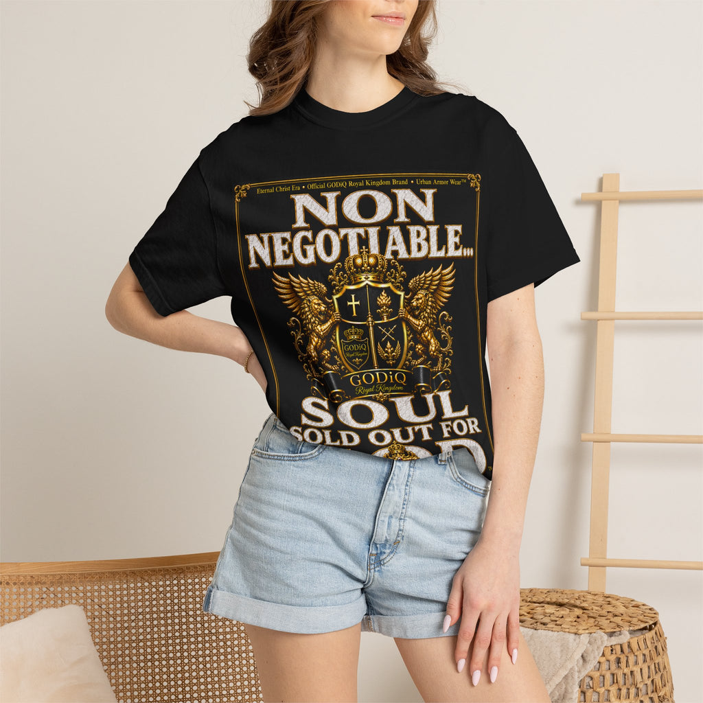 GODiQ™ Royal Kingdom Urban Armor Wear™ "NON NEGOTIABLE™: SOUL SOLD OUT FOR GOD™" Luxury Christian Graphic T-Shirt | Premium Faith Apparel | 24K Gold Heraldic Kingdom Statement Tee