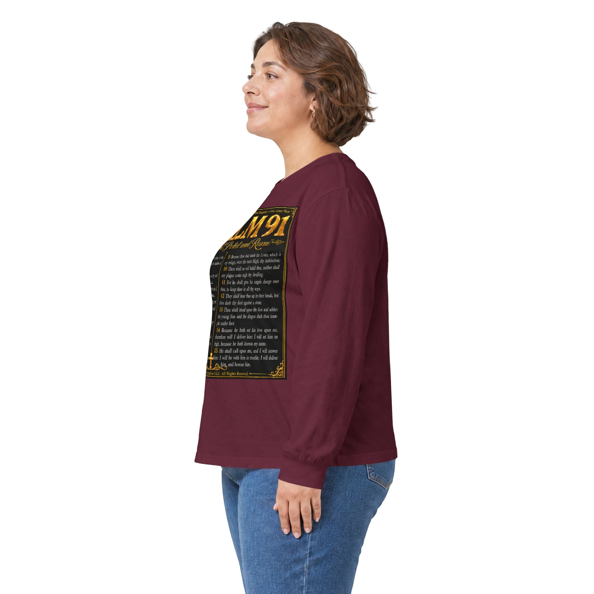 Psalm 91™ Long Sleeve Christian T-Shirt | God's Promise of Divine Protection | Premium Biblical Prayer Shirt | Luxury Faith-Based Scripture Apparel | GODiQ Royal Kingdom™ Urban Armor Wear