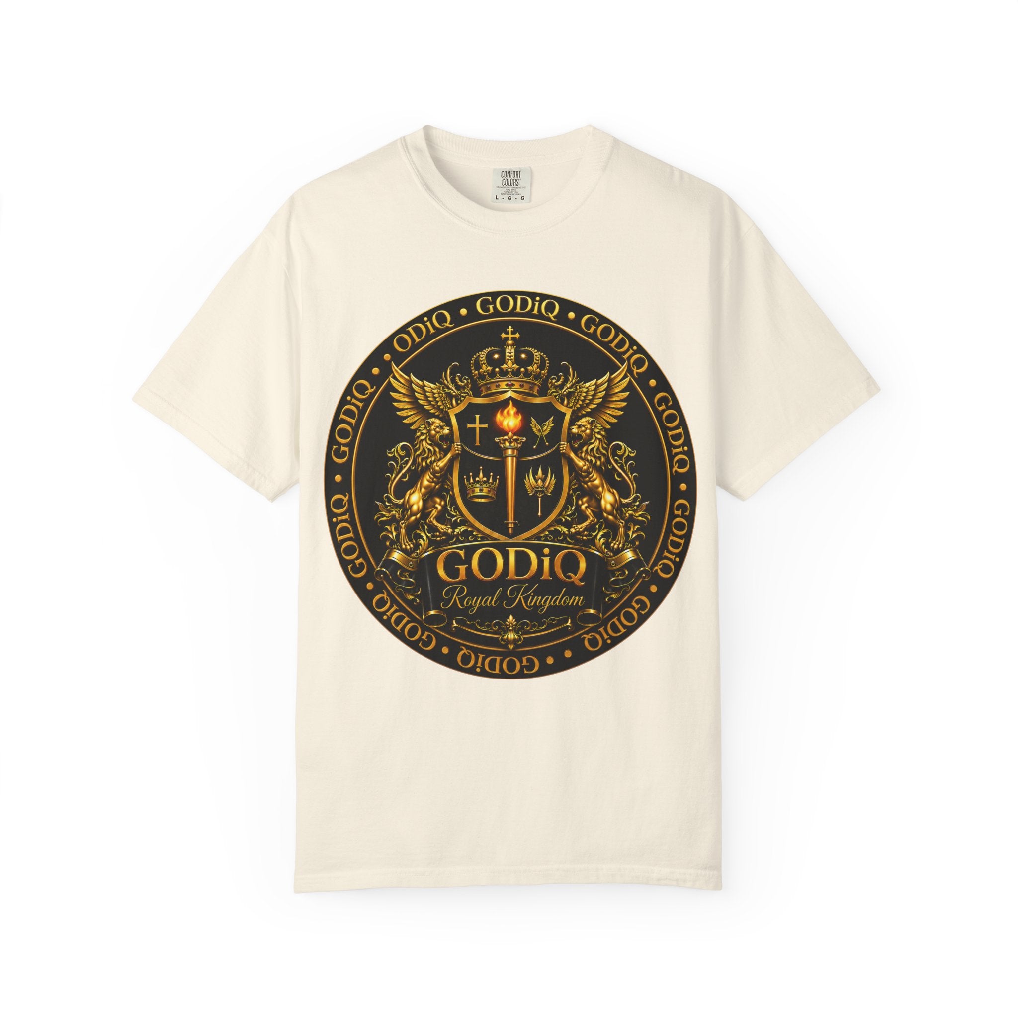 GODiQ Royal Kingdom™ Royal Crest T-Shirt – Luxury Christian Coat of Arms Graphic Tee | Premium Garment-Dyed Faith Apparel | Regal Kingdom Streetwear