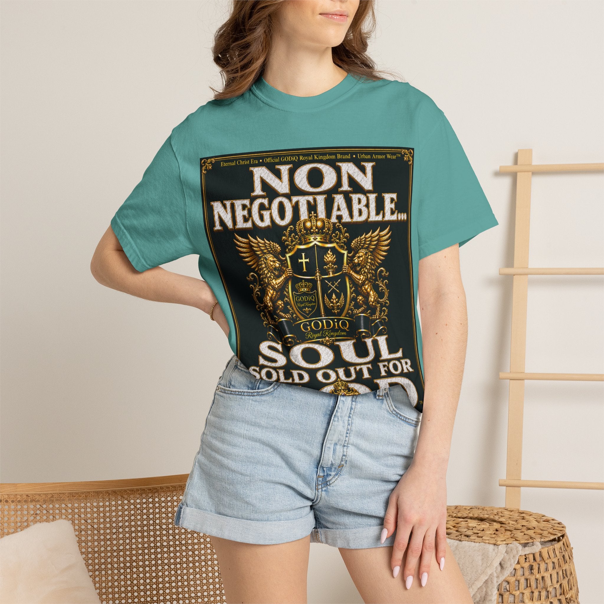 GODiQ™ Royal Kingdom Urban Armor Wear™ "NON NEGOTIABLE™: SOUL SOLD OUT FOR GOD™" Luxury Christian Graphic T-Shirt | Premium Faith Apparel | 24K Gold Heraldic Kingdom Statement Tee