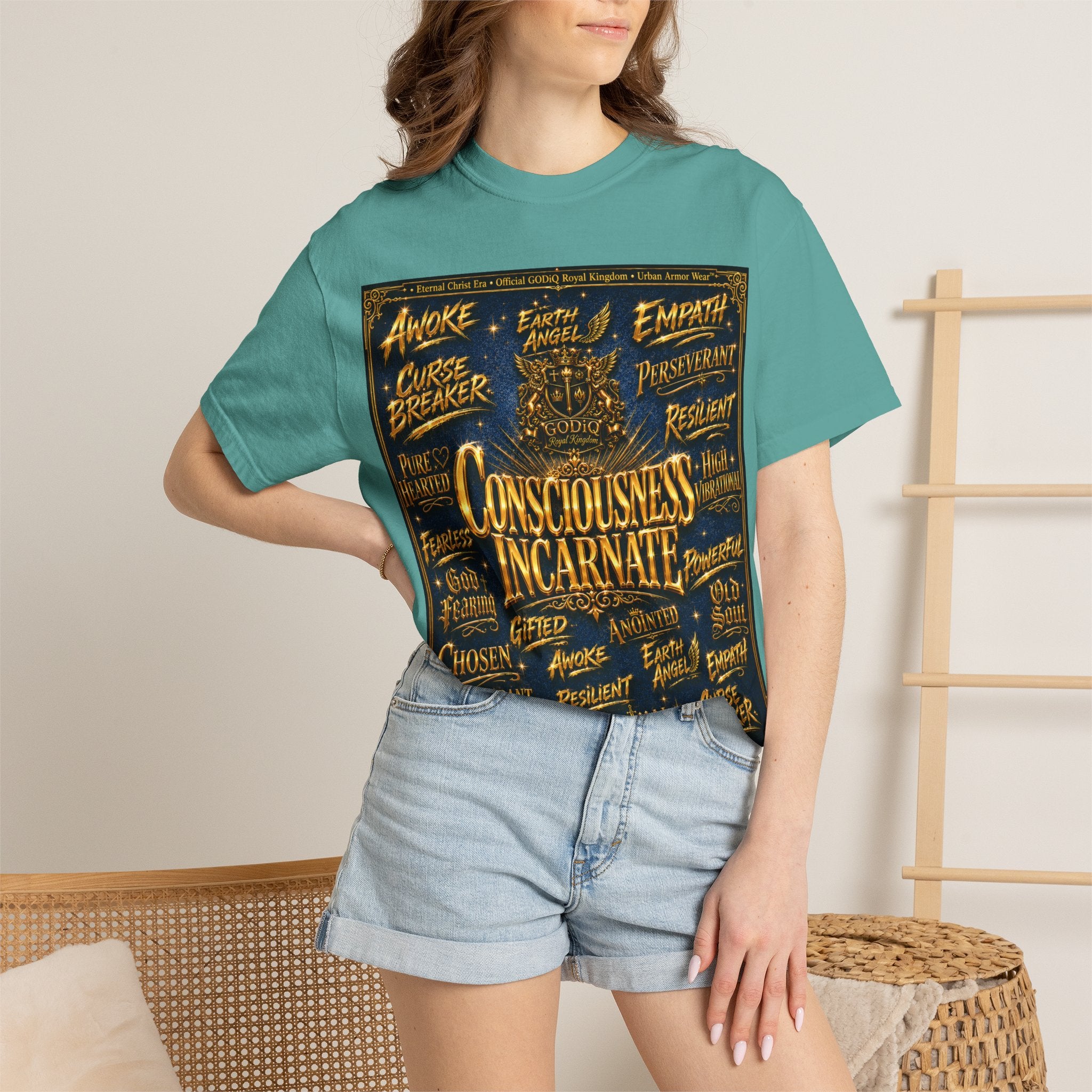 GODiQ Consciousness Incarnate™ Christian Graphic T-Shirt – Luxury Garment-Dyed Faith Apparel | "Awake For All Eternity!" Premium Heavyweight Tee | GODiQ Royal Kingdom™ Urban Armor Wear