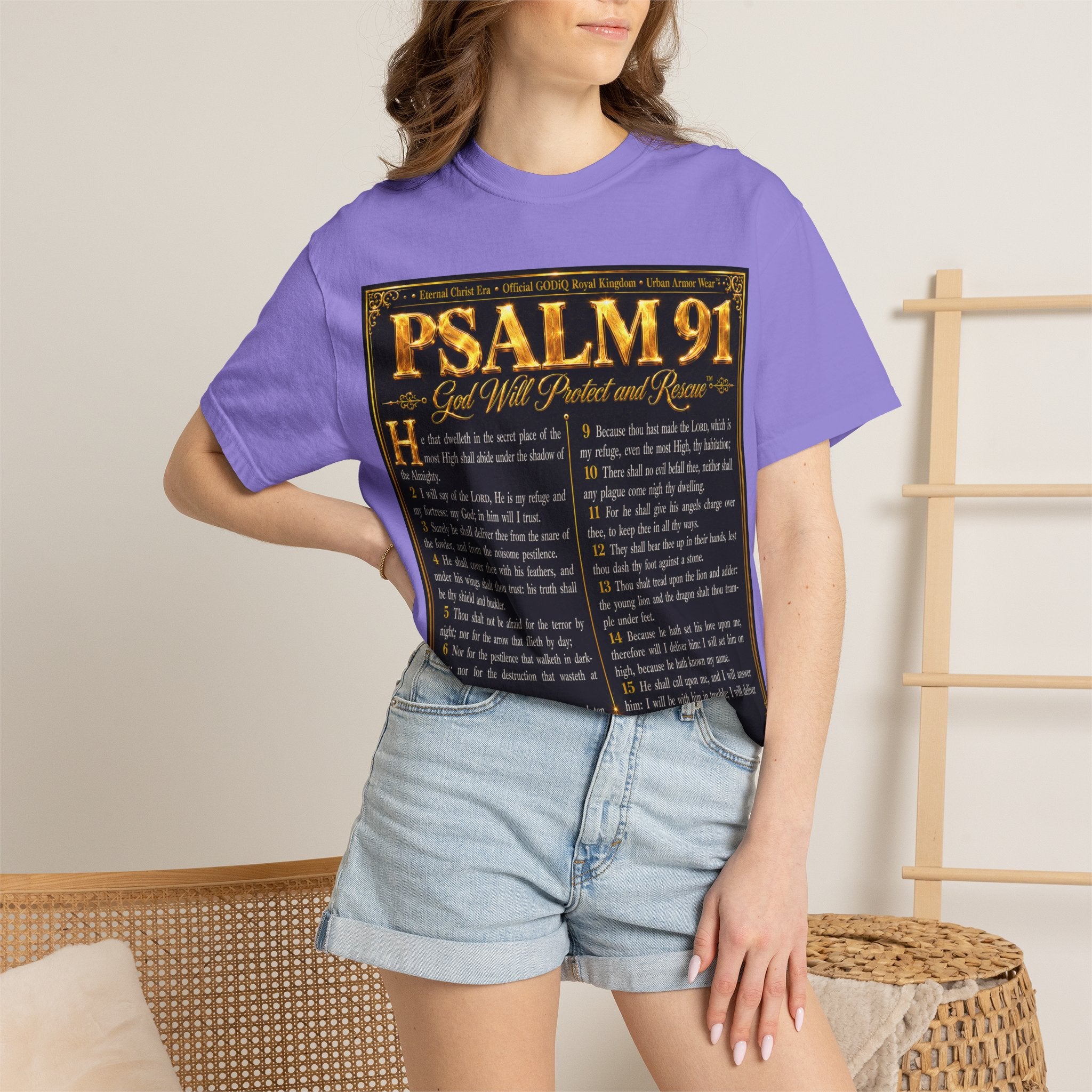 Psalm 91™ Christian Graphic T-Shirt – "God's Promise of Divine Protection" Luxury Garment-Dyed Scripture Tee | Premium Comfort Colors® 1717 | GODiQ Royal Kingdom™ Urban Armor Wear