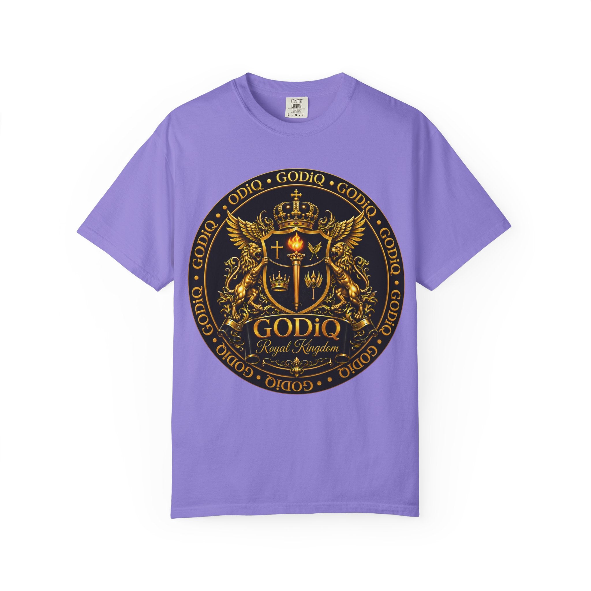 GODiQ Royal Kingdom™ Royal Crest T-Shirt – Luxury Christian Coat of Arms Graphic Tee | Premium Garment-Dyed Faith Apparel | Regal Kingdom Streetwear