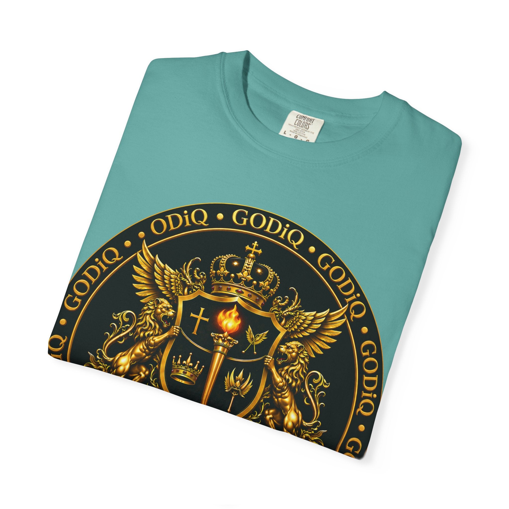 GODiQ Royal Kingdom™ Royal Crest T-Shirt – Luxury Christian Coat of Arms Graphic Tee | Premium Garment-Dyed Faith Apparel | Regal Kingdom Streetwear