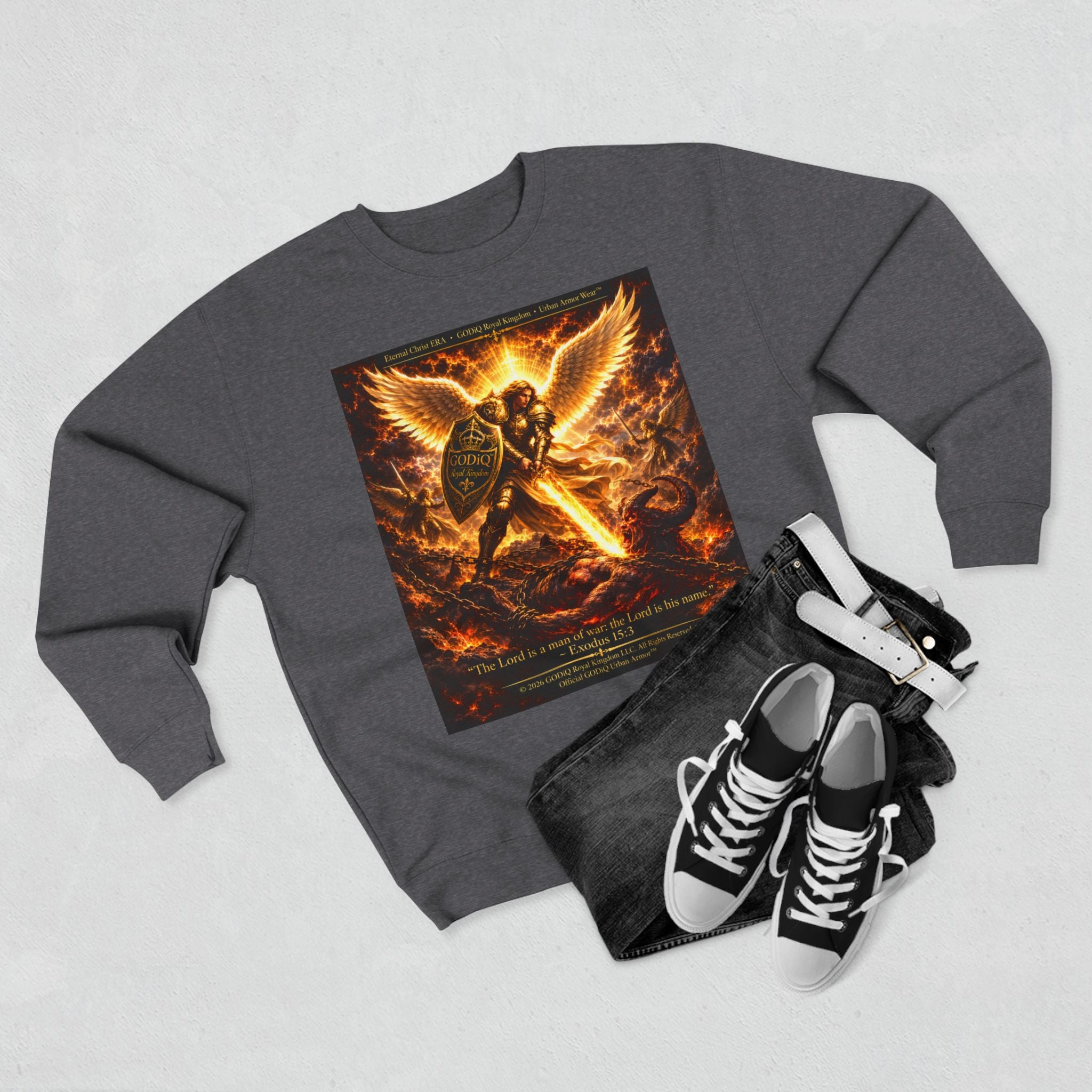 GODiQ™ Royal Kingdom Urban Armor™ "The Sword of the Spirit" Christian Crewneck Sweatshirt | Luxury Spiritual Warfare Graphic Sweatshirt | Premium Faith-Based Apparel