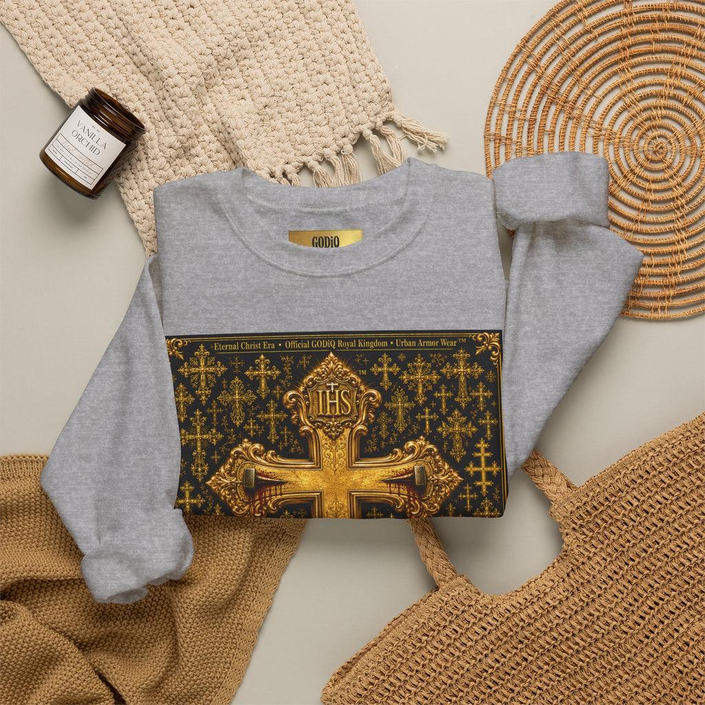 GODiQ Royal Kingdom™ Jesus Christ Died For Our Sins Crewneck Sweatshirt – Luxury 24K Gold Cross Christian Sweatshirt | Premium Faith Graphic Pullover | Religious Streetwear | Urban Armor Wear™