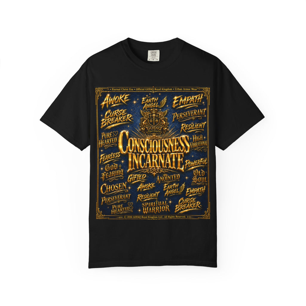 GODiQ Consciousness Incarnate™ Christian Graphic T-Shirt – Luxury Garment-Dyed Faith Apparel | "Awake For All Eternity!" Premium Heavyweight Tee | GODiQ Royal Kingdom™ Urban Armor Wear