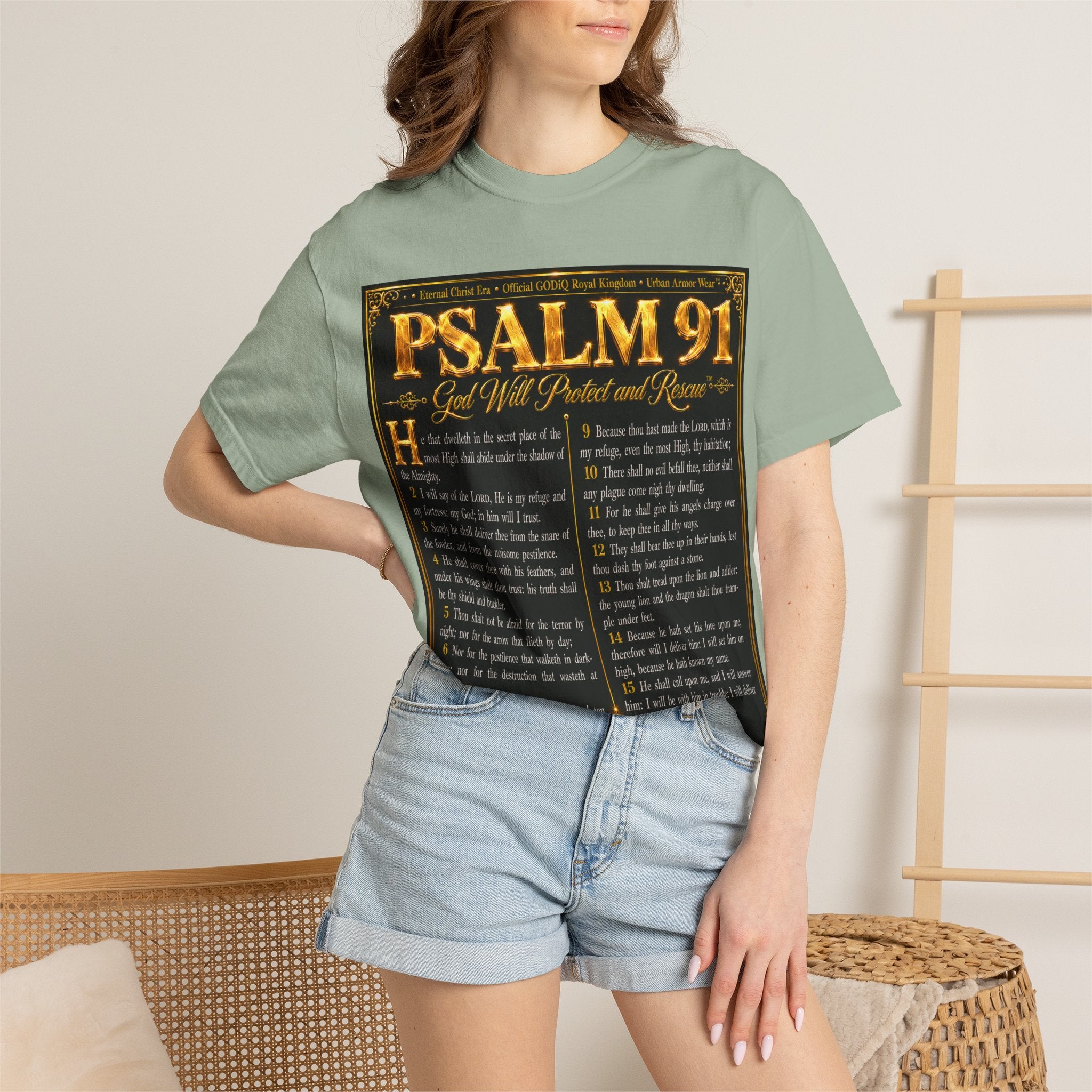 Psalm 91™ Christian Graphic T-Shirt – "God's Promise of Divine Protection" Luxury Garment-Dyed Scripture Tee | Premium Comfort Colors® 1717 | GODiQ Royal Kingdom™ Urban Armor Wear