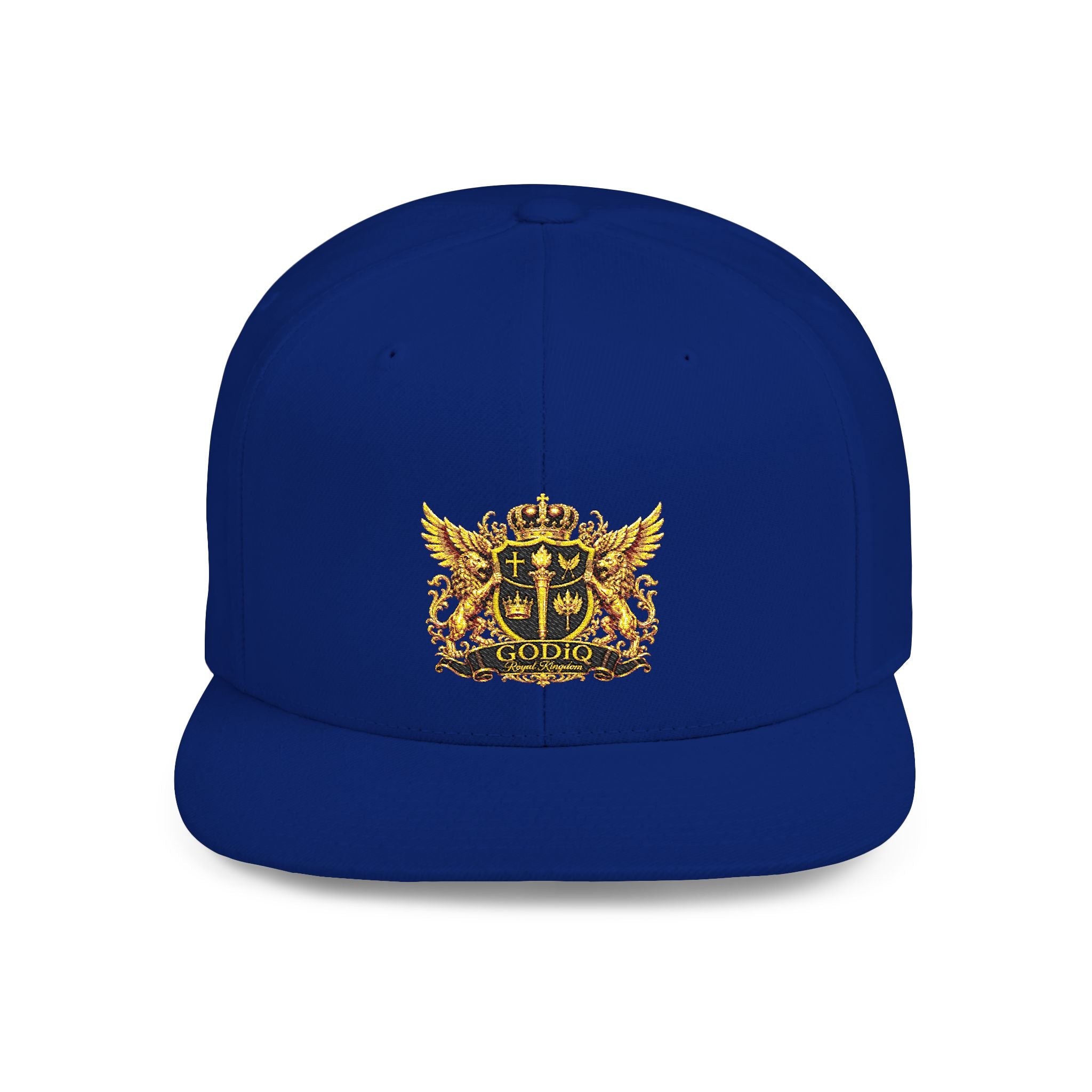 GODiQ Royal Kingdom™ Gold Crest Flat Bill Snapback Hat – Premium Embroidered Christian Heraldic Cap | Luxury Faith-Inspired Streetwear | Urban Armor™ Collection