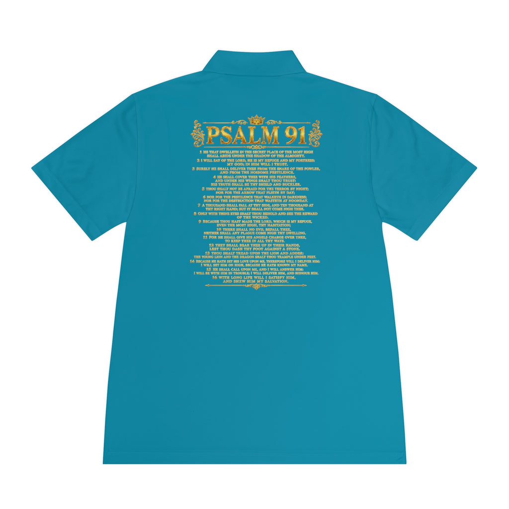 GODiQ Royal Kingdom™ Psalm 91 Men's Performance Polo – Premium Christian Golf Shirt | Luxury Gold Scripture Polo | Moisture-Wicking Faith Apparel