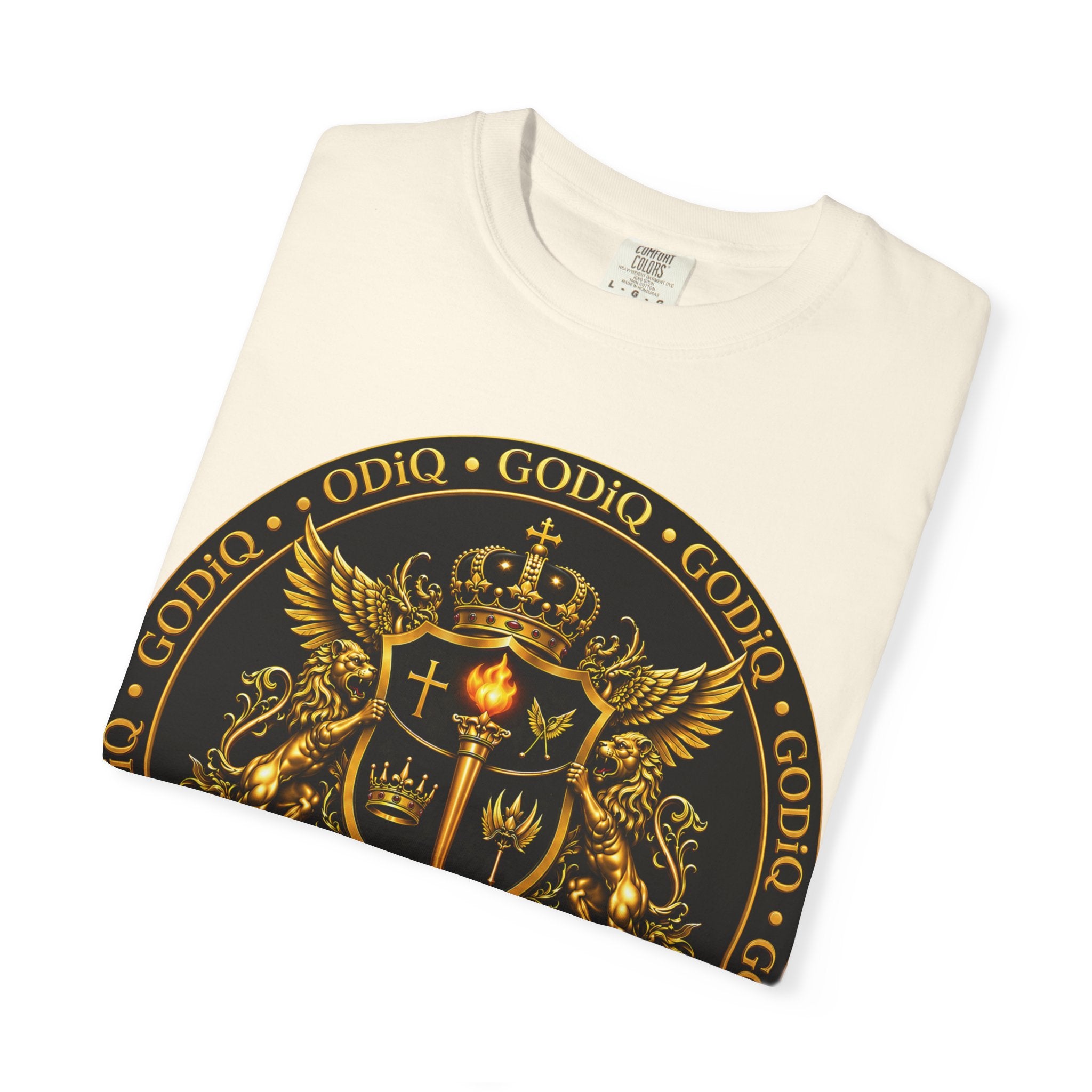 GODiQ Royal Kingdom™ Royal Crest T-Shirt – Luxury Christian Coat of Arms Graphic Tee | Premium Garment-Dyed Faith Apparel | Regal Kingdom Streetwear