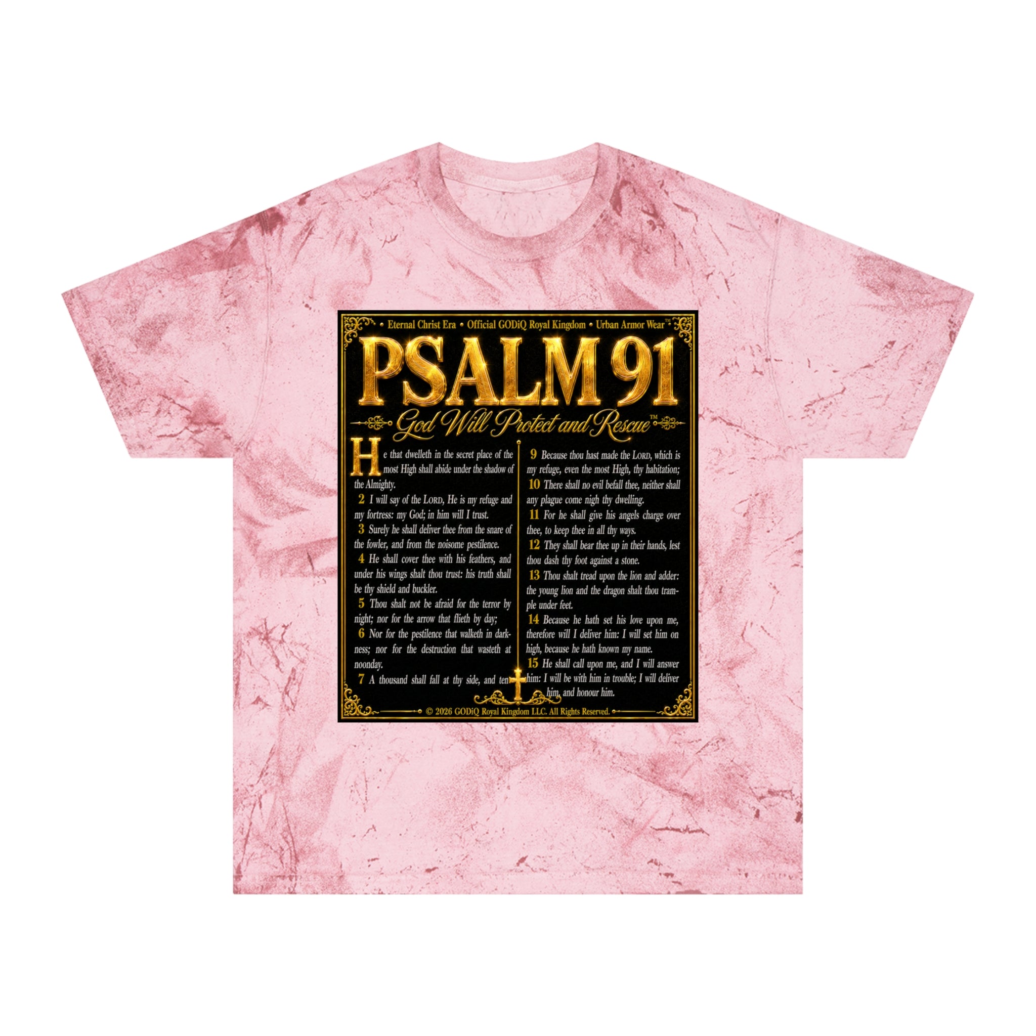 Psalm 91™ Divine Protection Graphic T-Shirt – Luxury Christian Scripture Tee | Premium Garment-Dyed Color Blast Faith Apparel | “God's Promise of Divine Protection” Vintage Cotton Shirt | GODiQ Royal...