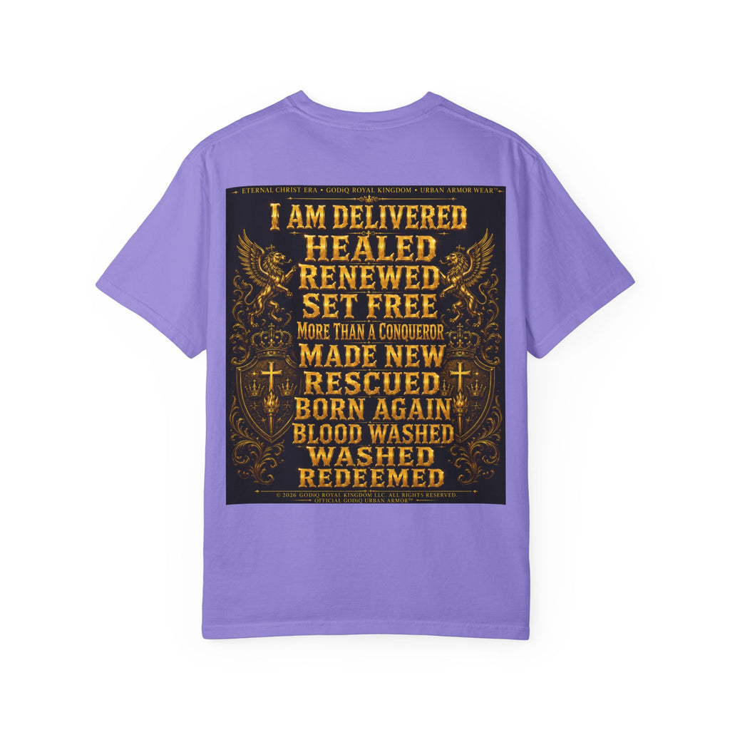 GODiQ Royal Kingdom™ Decree & Declare Christian T-Shirt – Premium Inspirational Faith Tee | "I Am Delivered, Healed, Renewed" Scripture Apparel | Comfort Colors 1717