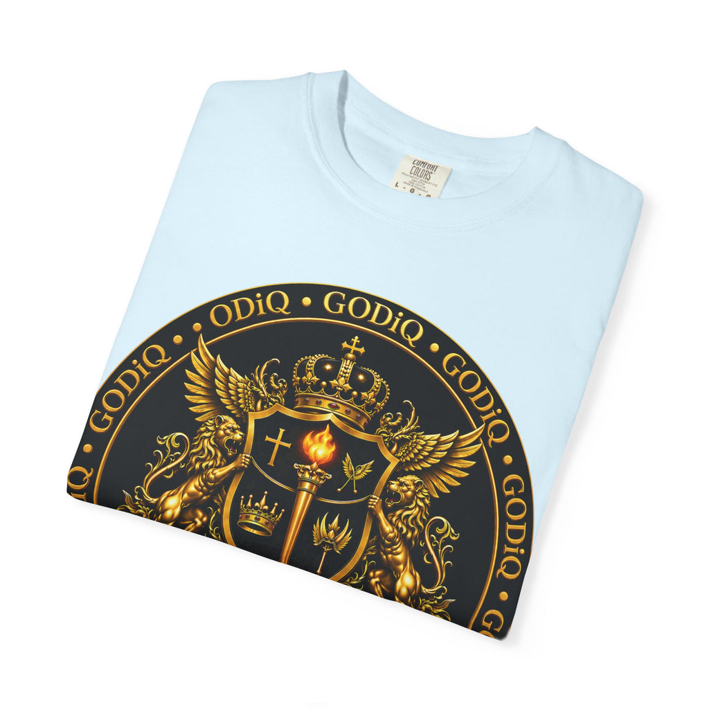 GODiQ Royal Kingdom™ Royal Crest T-Shirt – Luxury Christian Coat of Arms Graphic Tee | Premium Garment-Dyed Faith Apparel | Regal Kingdom Streetwear