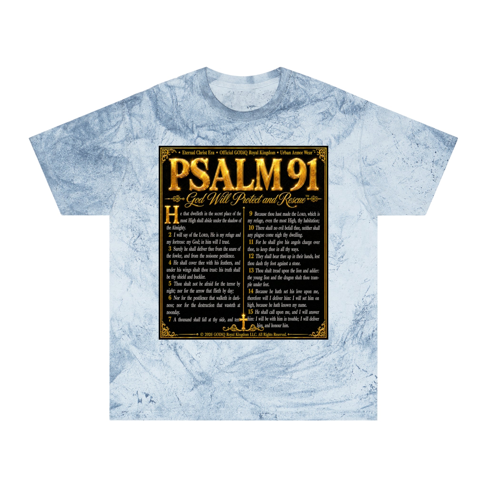 Psalm 91™ Divine Protection Graphic T-Shirt – Luxury Christian Scripture Tee | Premium Garment-Dyed Color Blast Faith Apparel | “God's Promise of Divine Protection” Vintage Cotton Shirt | GODiQ Royal...