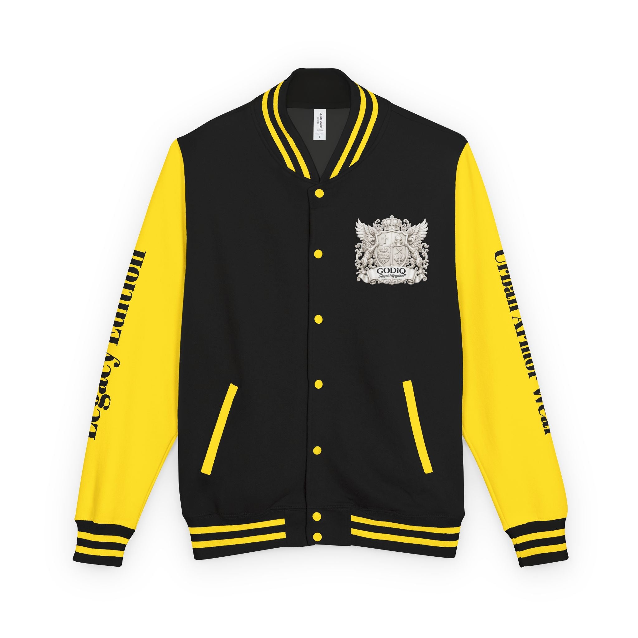 GODiQ Royal Kingdom™ Crest Letterman Jacket – Luxury Christian Varsity Jacket | Premium Heritage Streetwear | Urban Armor Wear™ Collegiate Bomber Coat