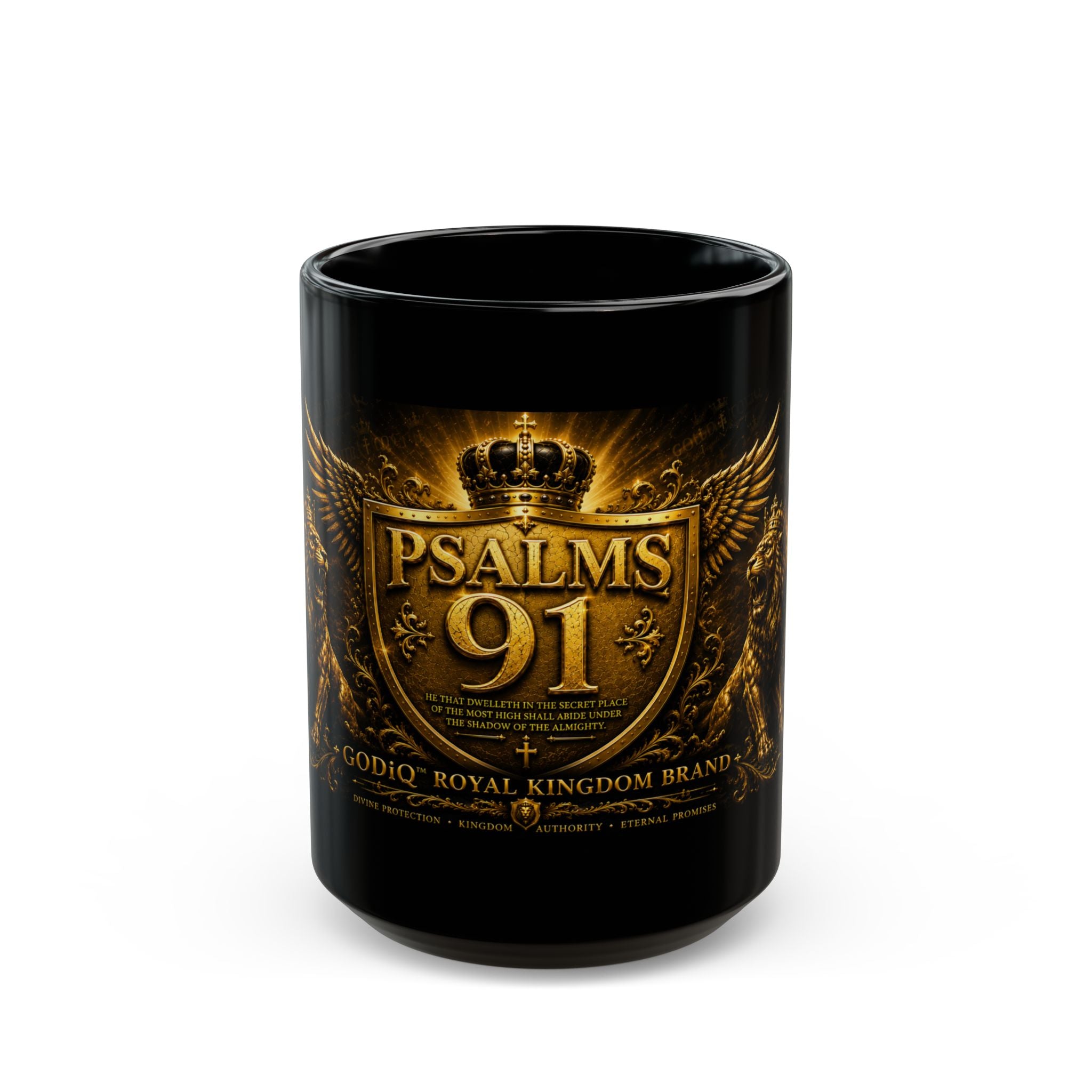 Psalms 91 Black Ceramic Mug – Religious Shield & Lion Design, Christian Coffee Cup (11oz/15oz)
