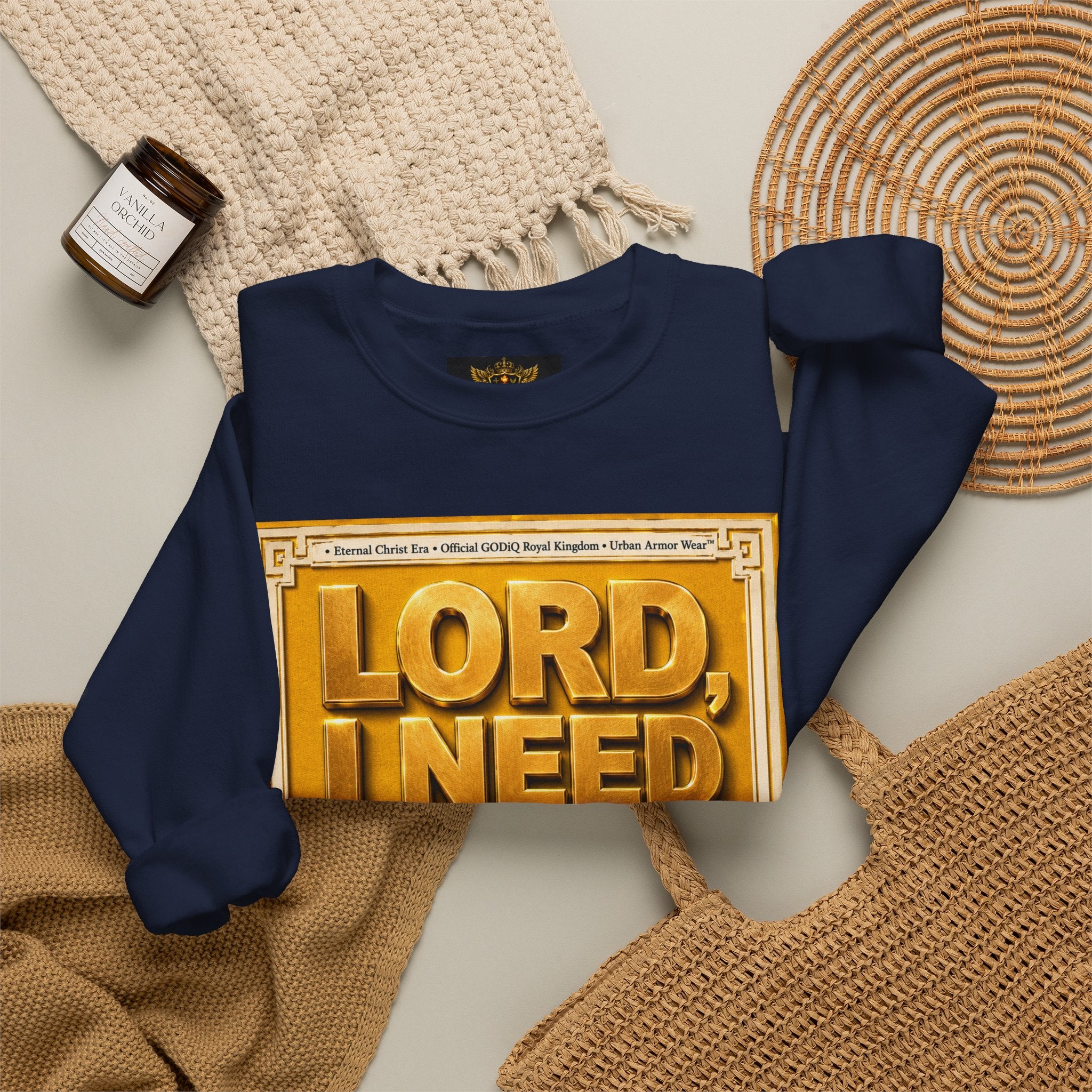 GODiQ Royal Kingdom™ "Lord I Need You Right Now" Crewneck Sweatshirt | Luxury Christian Graphic Sweatshirt | Premium Faith Streetwear | Gold Script Gospel Apparel