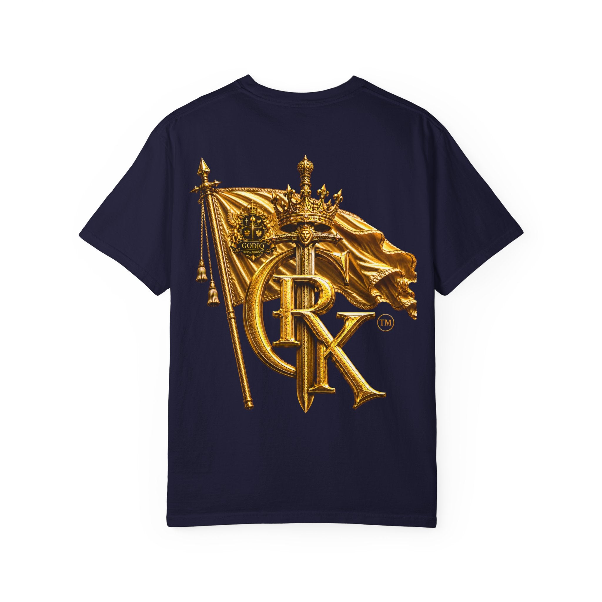GODiQ Royal Kingdom™ Royal Crest T-Shirt – Luxury Christian Coat of Arms Graphic Tee | Premium Garment-Dyed Faith Apparel | Regal Kingdom Streetwear