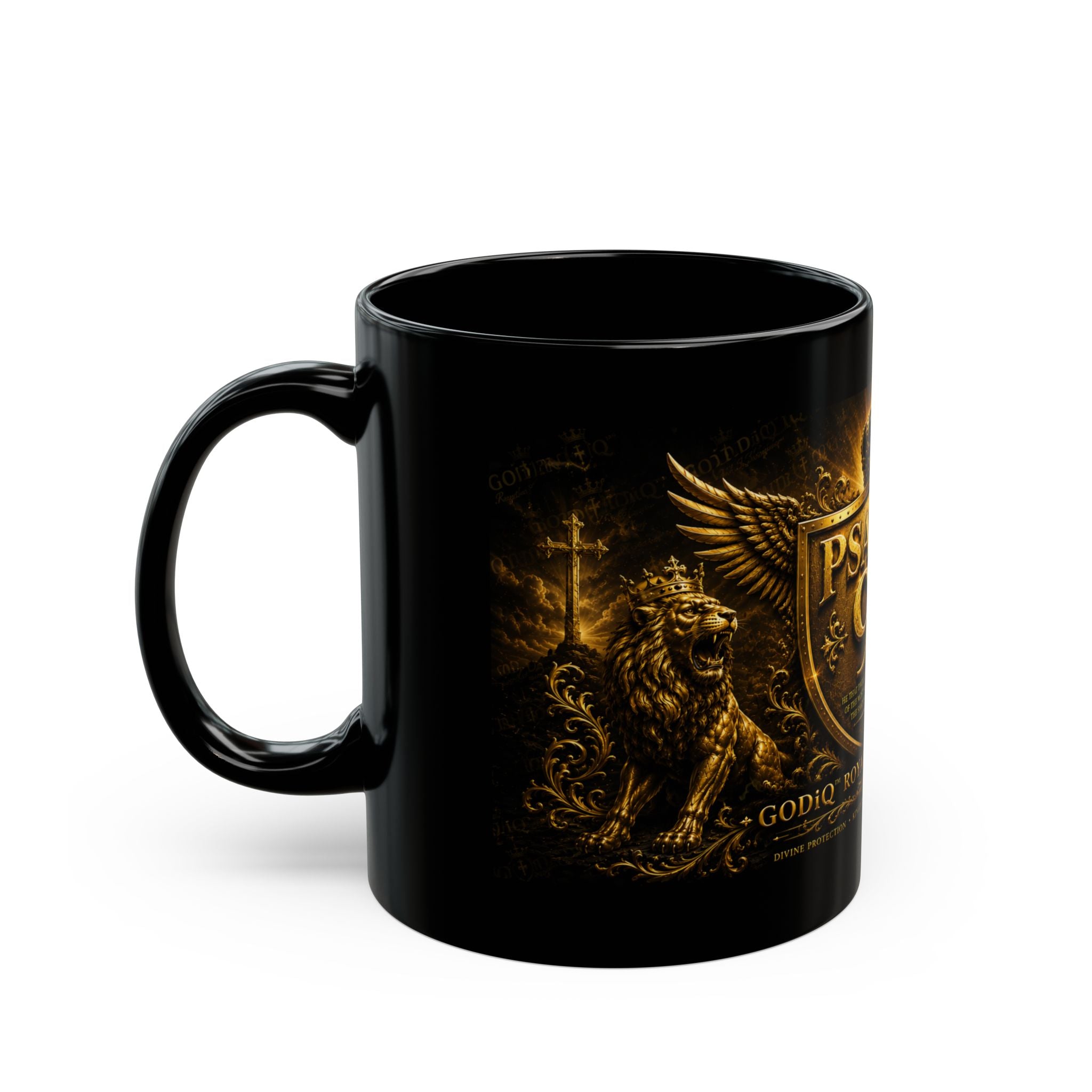Psalms 91 Black Ceramic Mug – Religious Shield & Lion Design, Christian Coffee Cup (11oz/15oz)