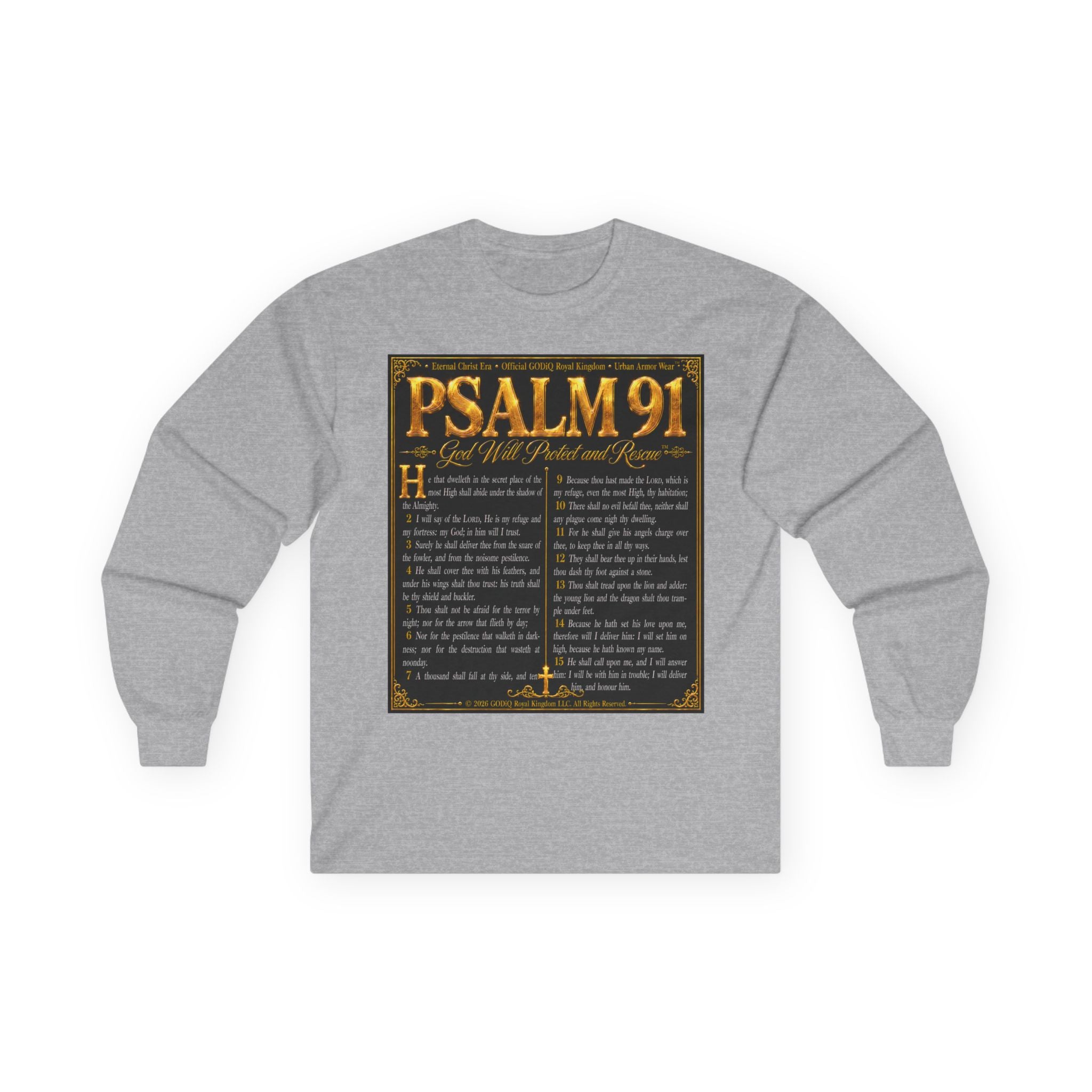 Psalm 91™ Long Sleeve Christian T-Shirt | God's Promise of Divine Protection | Premium Biblical Prayer Shirt | Luxury Faith-Based Scripture Apparel | GODiQ Royal Kingdom™ Urban Armor Wear