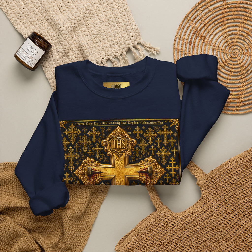GODiQ Royal Kingdom™ Jesus Christ Died For Our Sins Crewneck Sweatshirt – Luxury 24K Gold Cross Christian Sweatshirt | Premium Faith Graphic Pullover | Religious Streetwear | Urban Armor Wear™