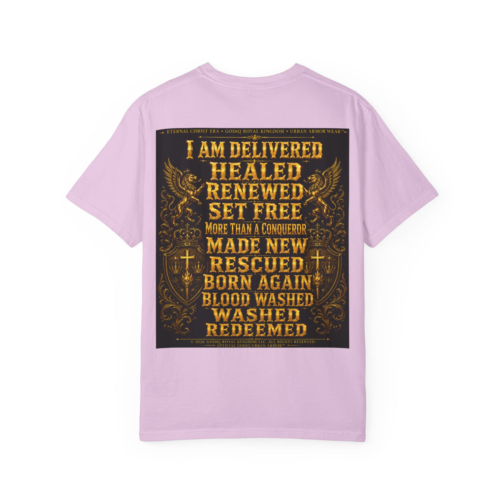 GODiQ Royal Kingdom™ Decree & Declare Christian T-Shirt – Premium Inspirational Faith Tee | "I Am Delivered, Healed, Renewed" Scripture Apparel | Comfort Colors 1717