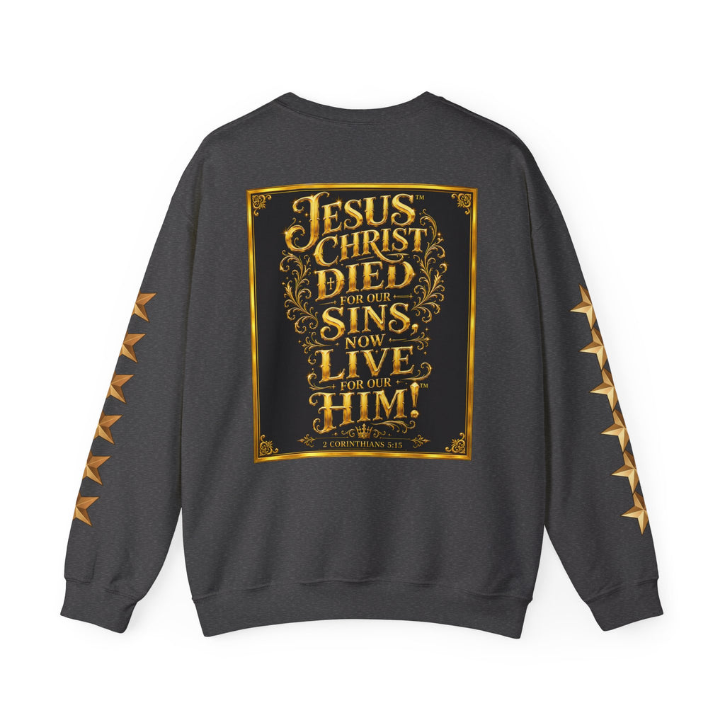 GODiQ Royal Kingdom™ Jesus Christ Died For Our Sins Crewneck Sweatshirt – Luxury 24K Gold Cross Christian Sweatshirt | Premium Faith Graphic Pullover | Religious Streetwear | Urban Armor Wear™