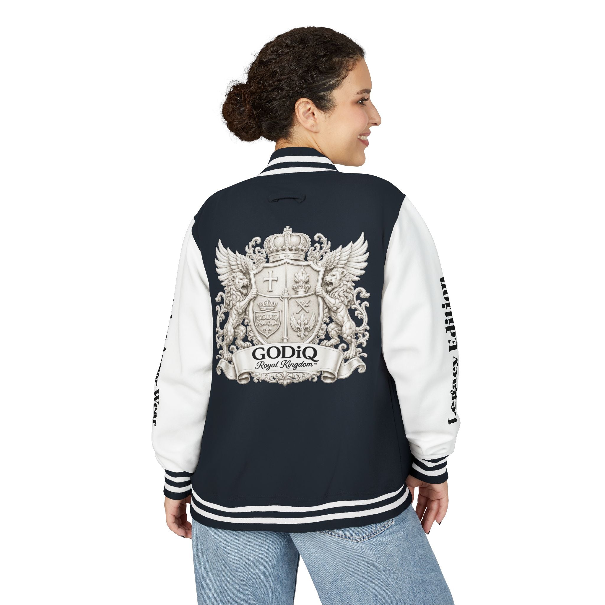 GODiQ Royal Kingdom™ Crest Letterman Jacket – Luxury Christian Varsity Jacket | Premium Heritage Streetwear | Urban Armor Wear™ Collegiate Bomber Coat