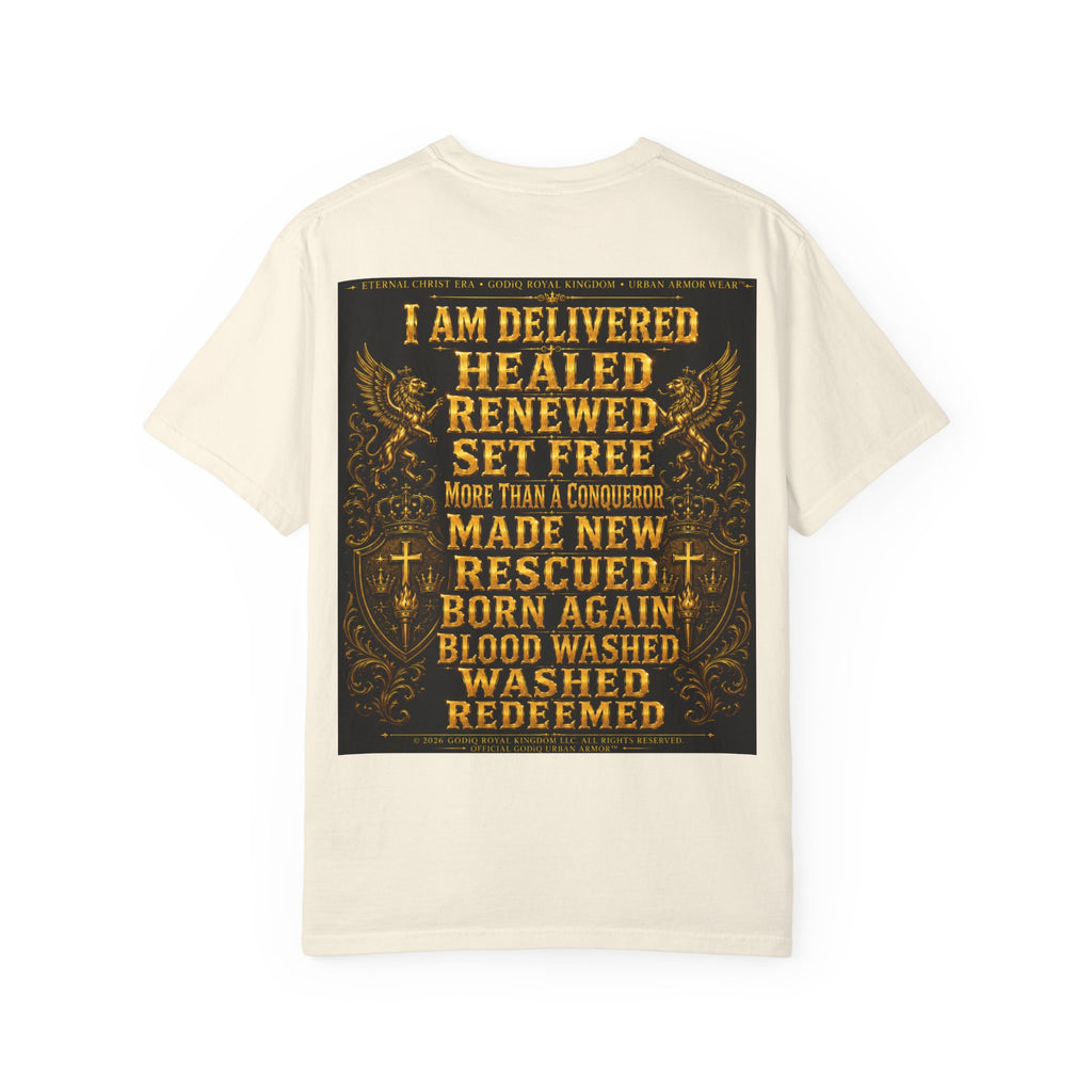 GODiQ Royal Kingdom™ Decree & Declare Christian T-Shirt – Premium Inspirational Faith Tee | "I Am Delivered, Healed, Renewed" Scripture Apparel | Comfort Colors 1717