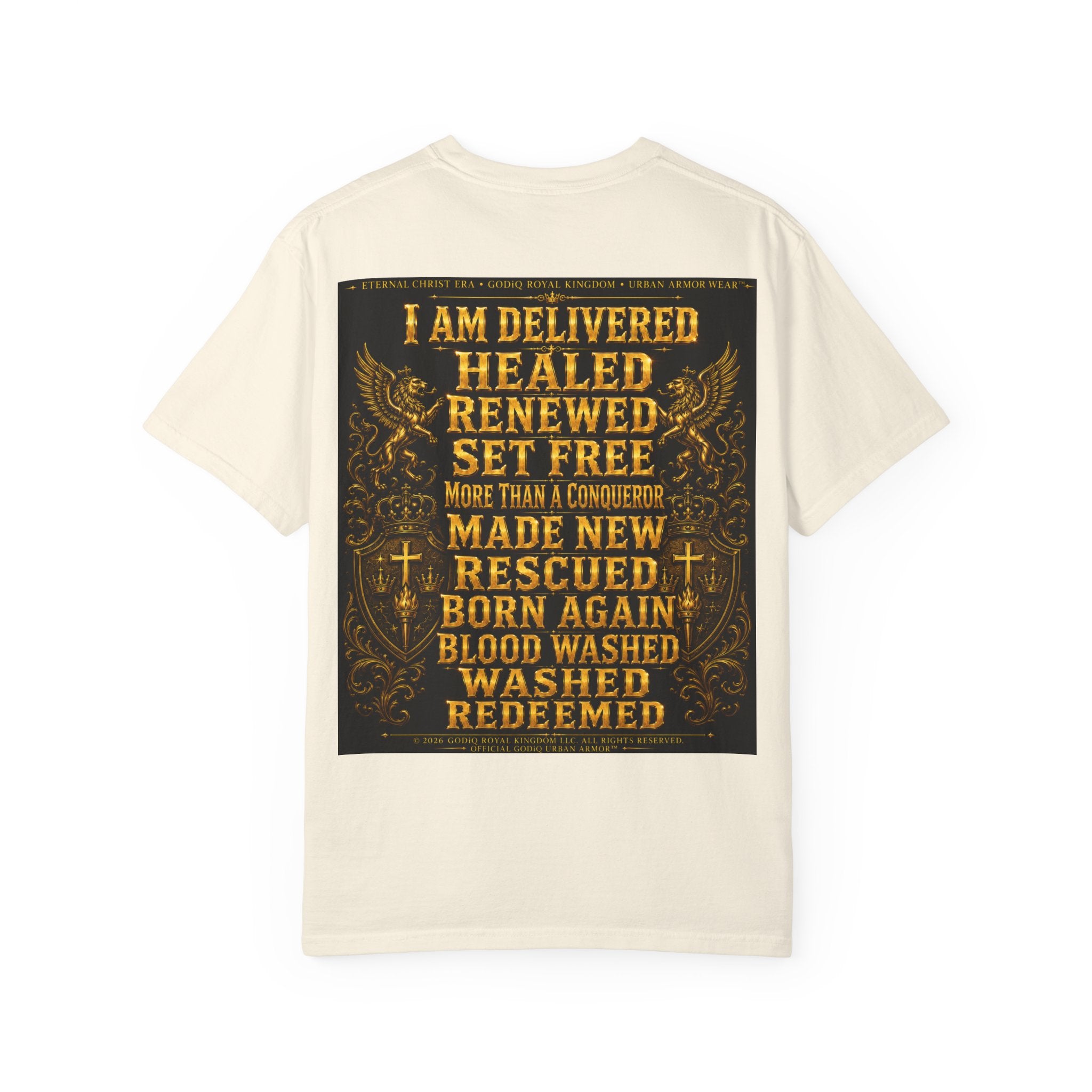 GODiQ Royal Kingdom™ Decree & Declare Christian T-Shirt – Premium Inspirational Faith Tee | "I Am Delivered, Healed, Renewed" Scripture Apparel | Comfort Colors 1717