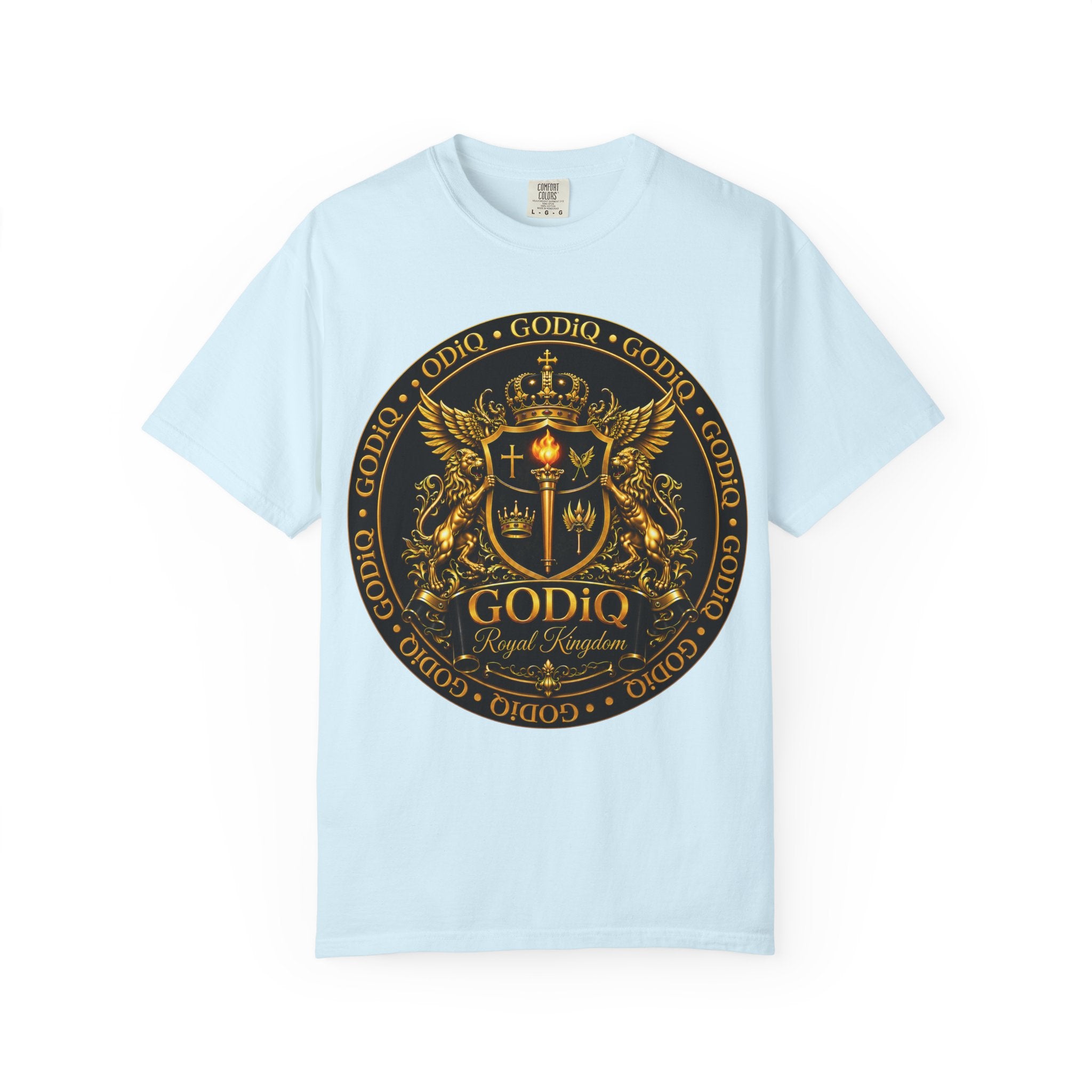 GODiQ Royal Kingdom™ Royal Crest T-Shirt – Luxury Christian Coat of Arms Graphic Tee | Premium Garment-Dyed Faith Apparel | Regal Kingdom Streetwear